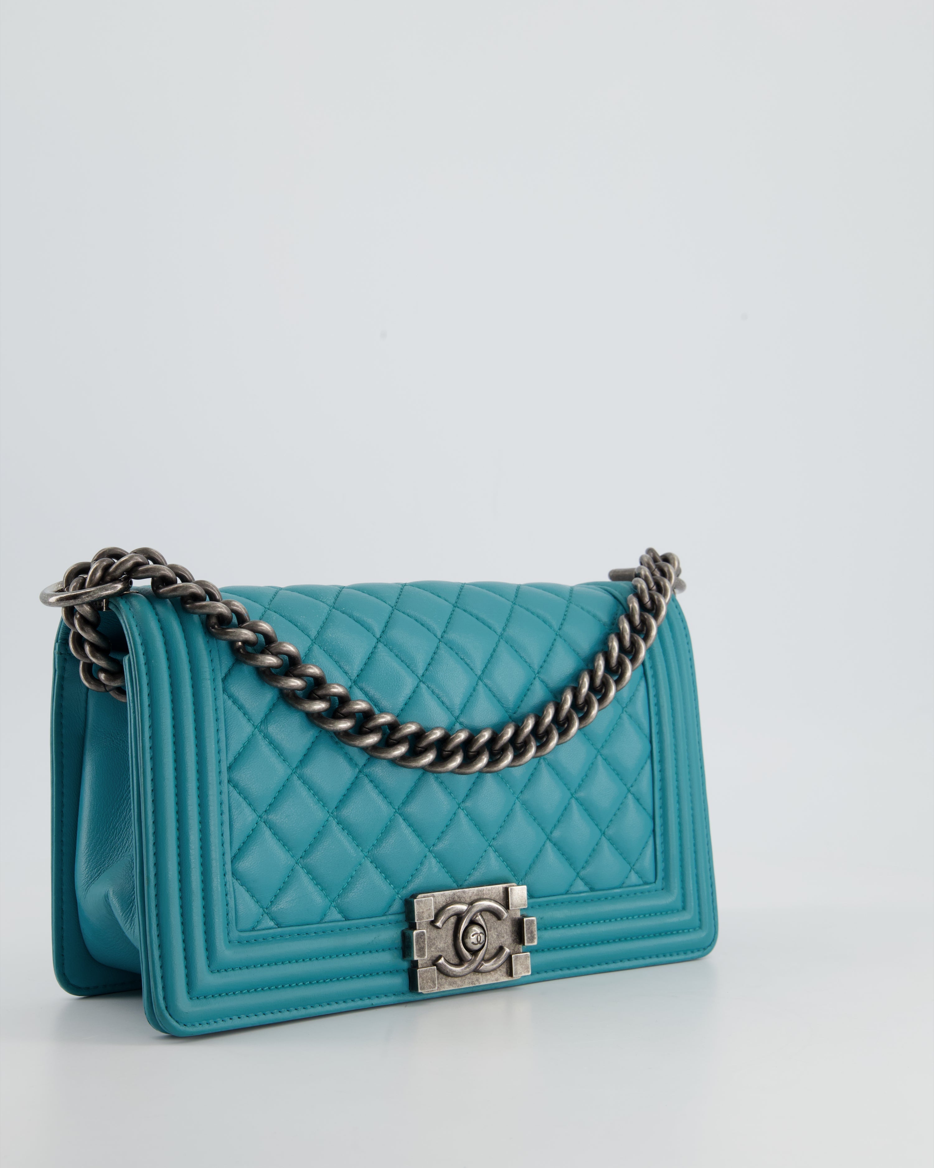*FIR PRICE* Chanel Teal Blue Medium Boy Bag in Lambskin Leather with Ruthenium Hardware
