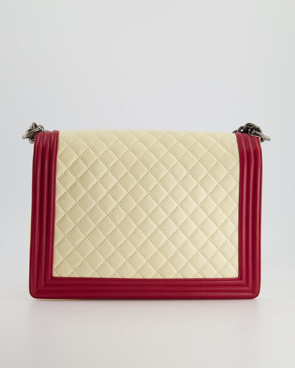 Chanel Cream and Red Large Boy Bag in Lambskin Leather with Ruthenium Hardware