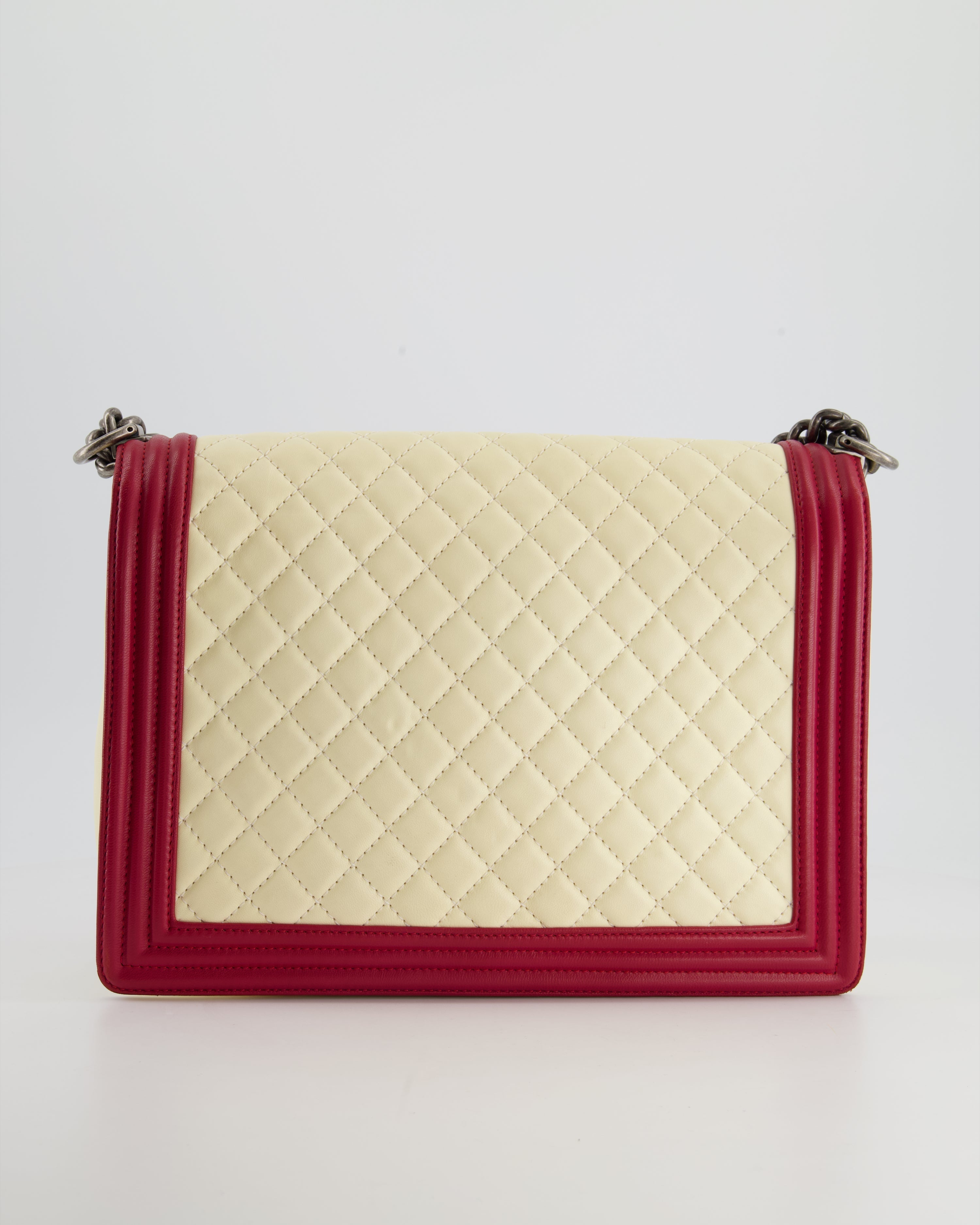 Chanel Cream and Red Large Boy Bag in Lambskin Leather with Ruthenium Hardware