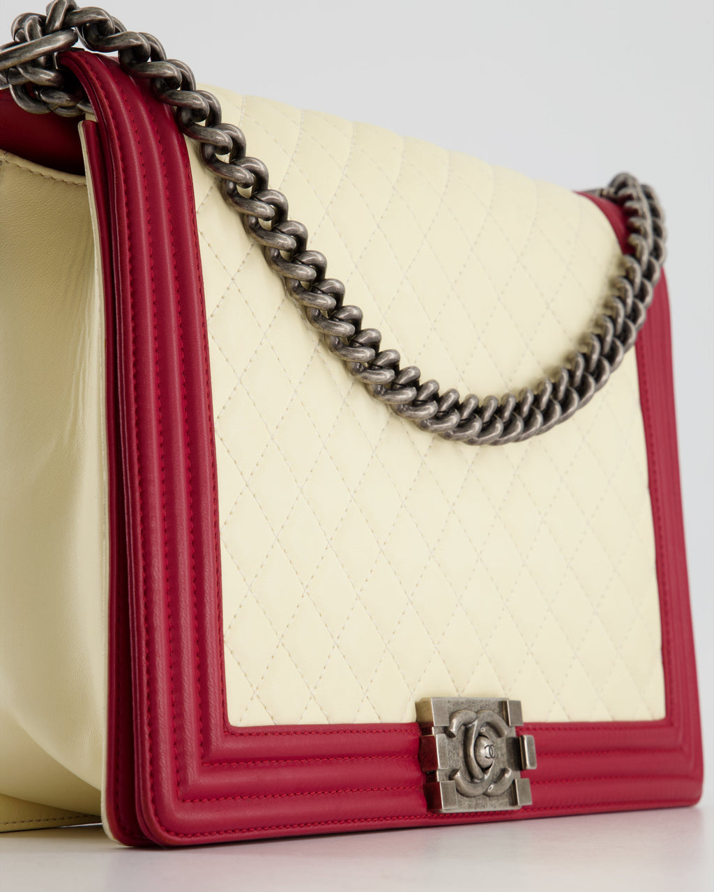 Chanel Cream and Red Large Boy Bag in Lambskin Leather with Ruthenium Hardware