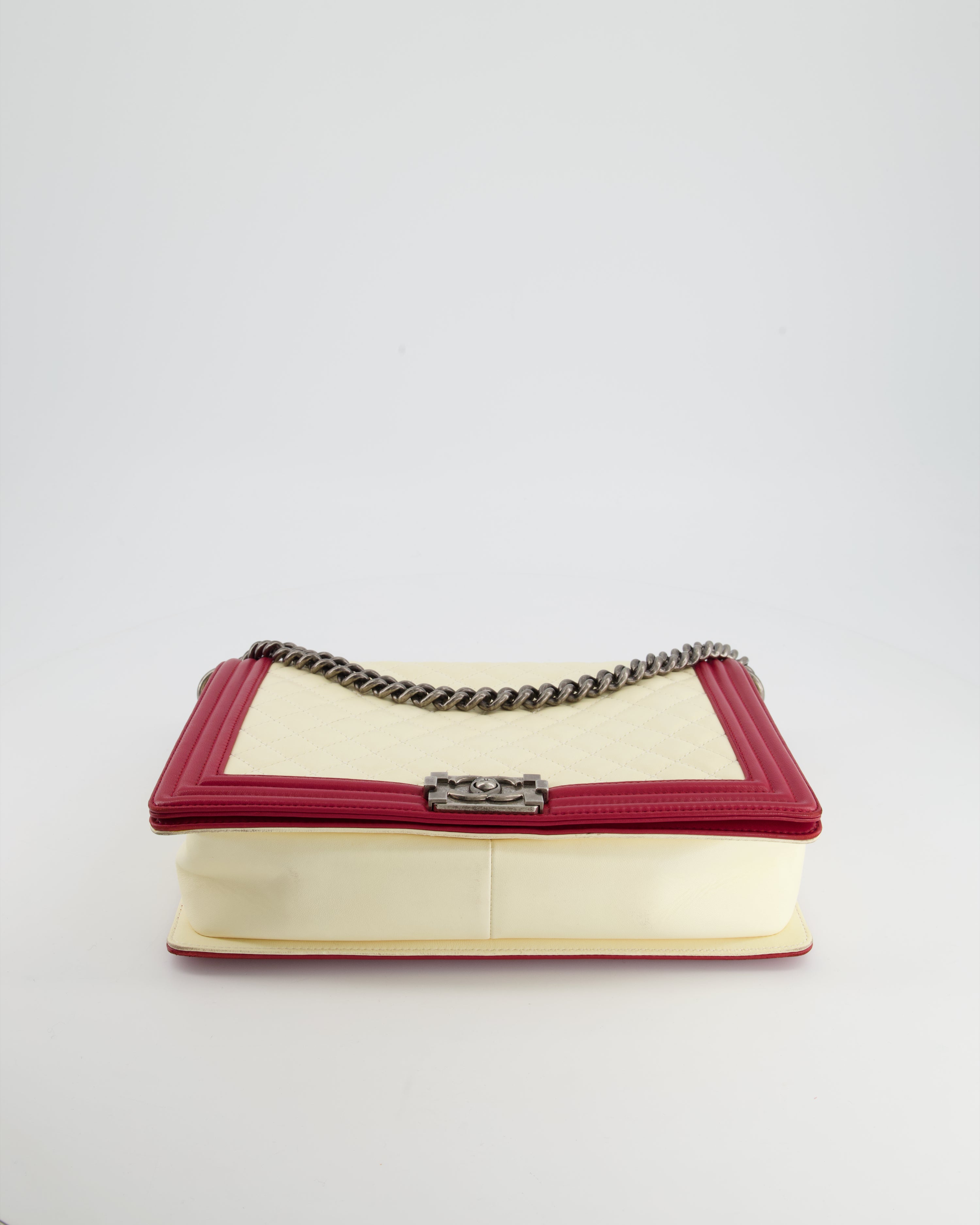 Chanel Cream and Red Large Boy Bag in Lambskin Leather with Ruthenium Hardware