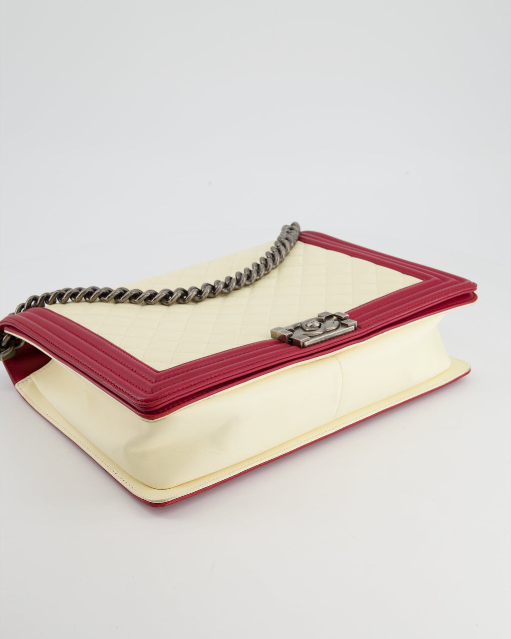 Chanel Cream and Red Large Boy Bag in Lambskin Leather with Ruthenium Hardware