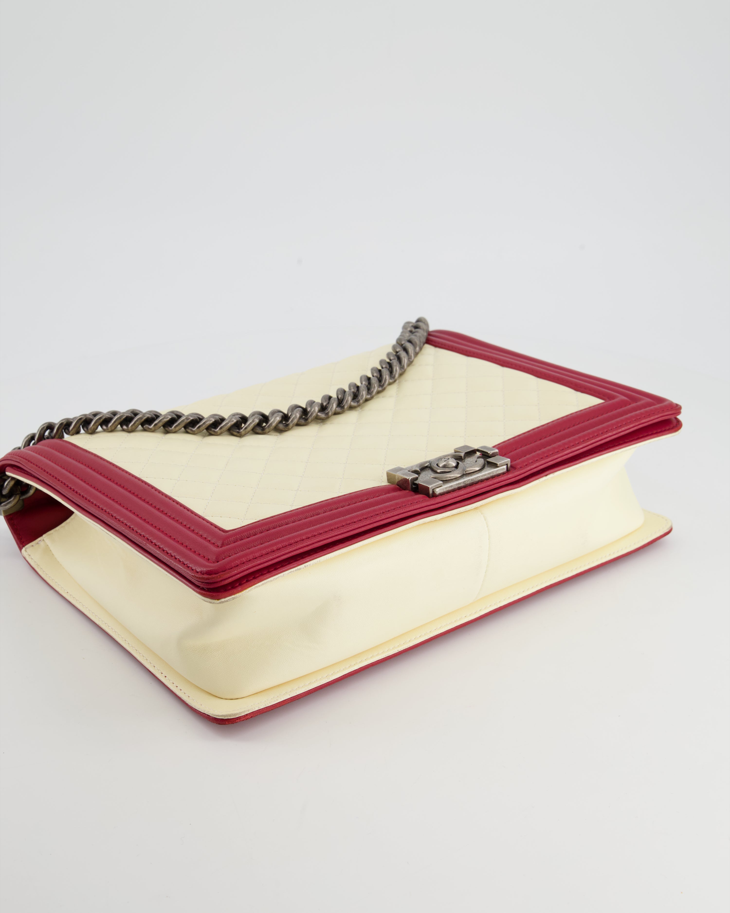 Chanel Cream and Red Large Boy Bag in Lambskin Leather with Ruthenium Hardware