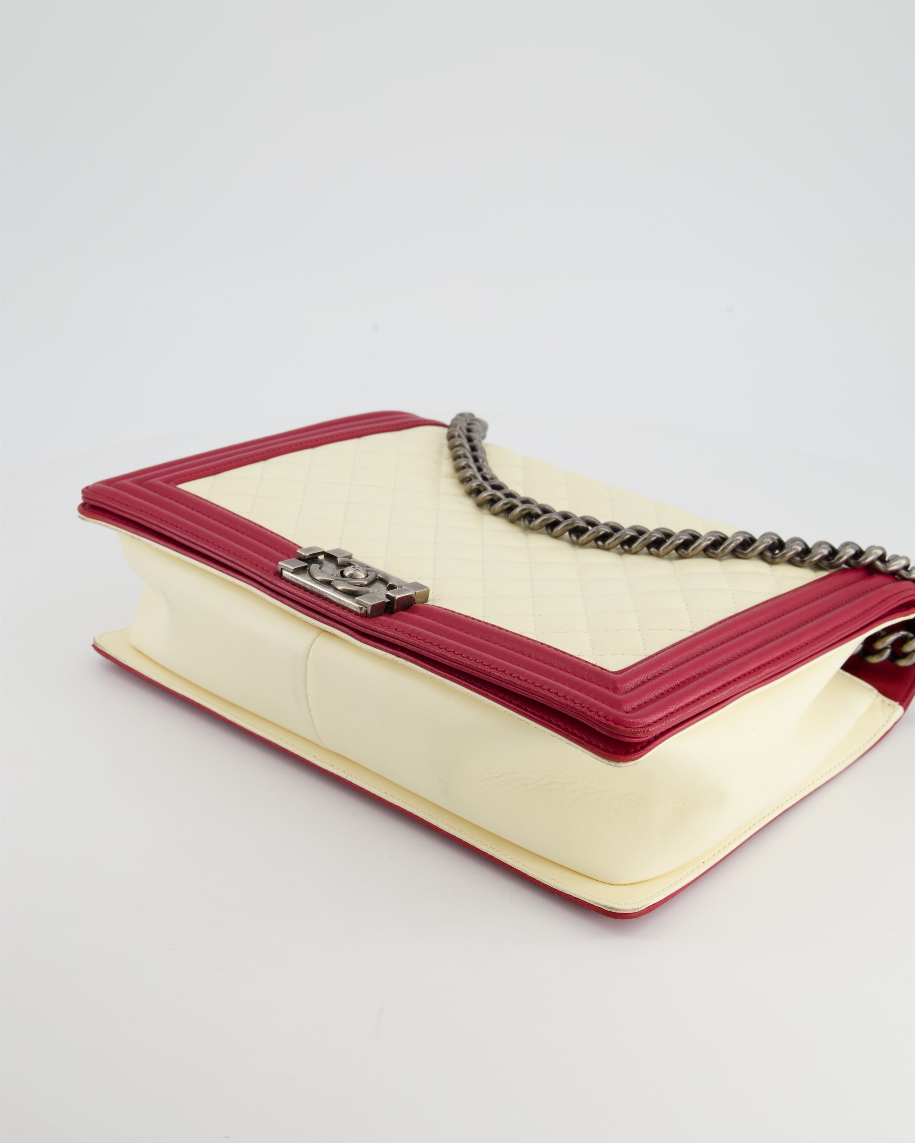 Chanel Cream and Red Large Boy Bag in Lambskin Leather with Ruthenium Hardware