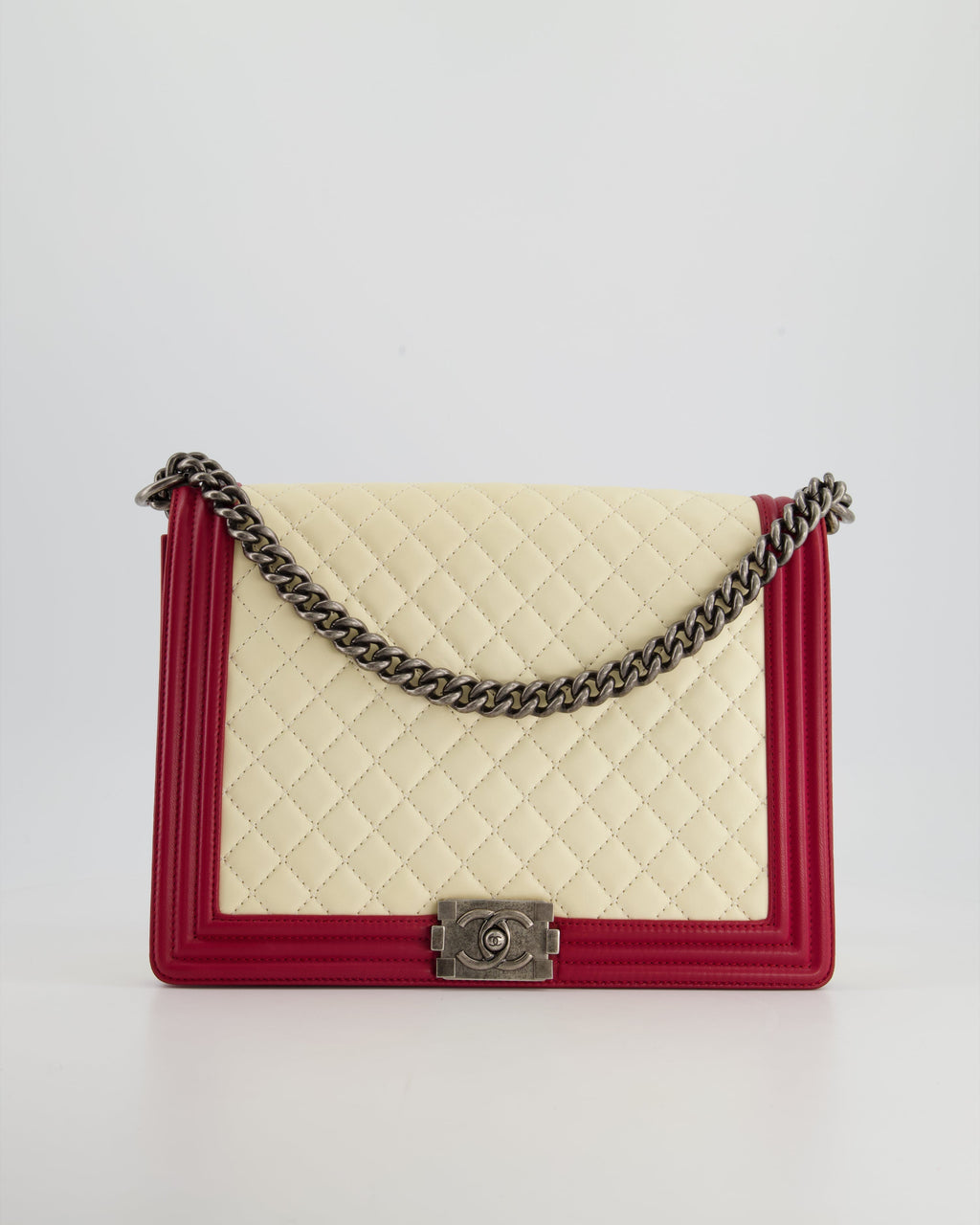 Chanel Cream and Red Large Boy Bag in Lambskin Leather with Ruthenium Hardware