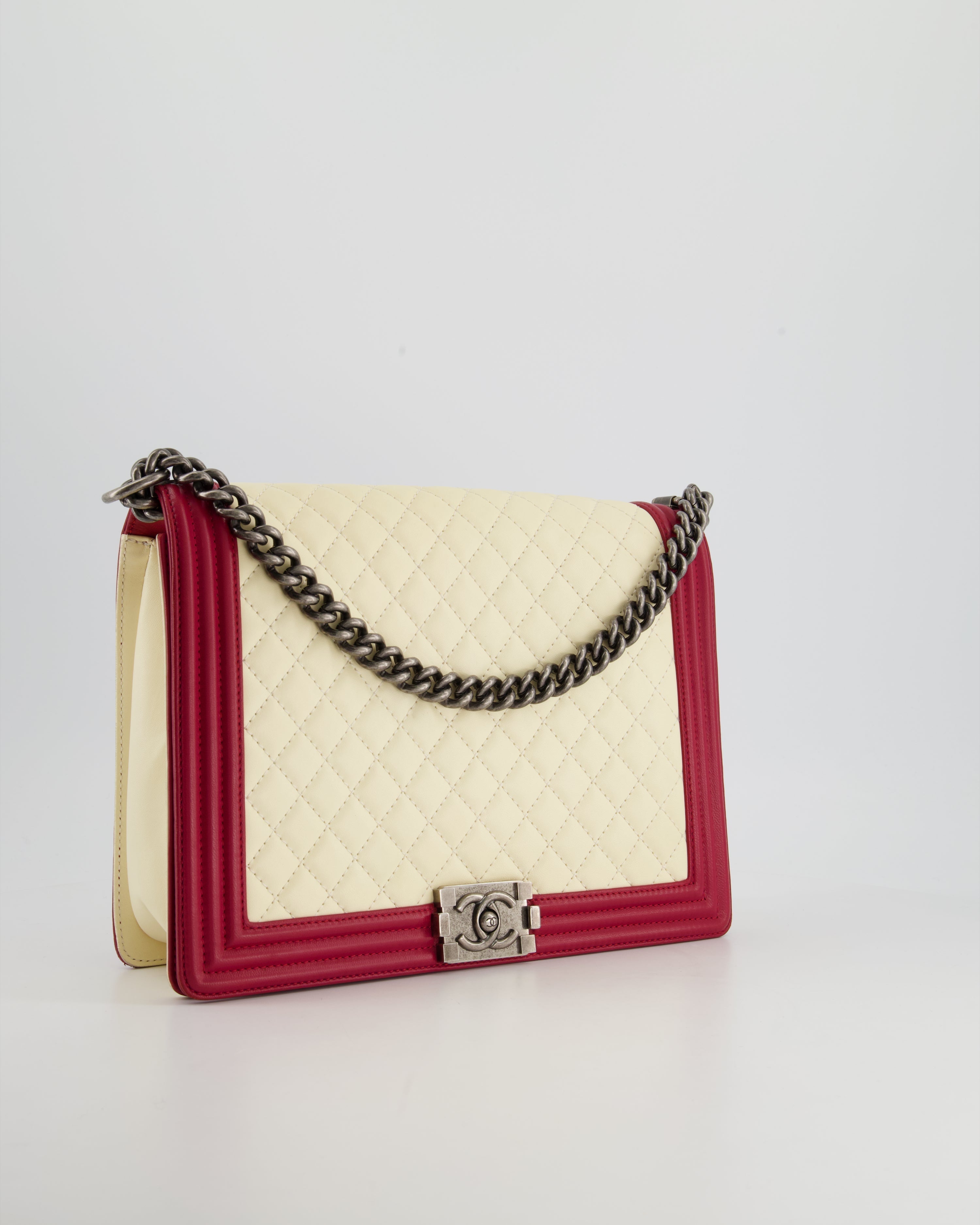 Chanel Cream and Red Large Boy Bag in Lambskin Leather with Ruthenium Hardware