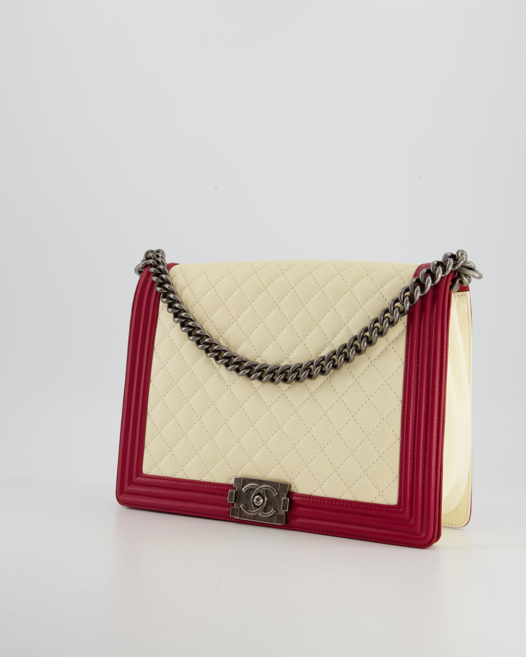 Chanel Cream and Red Large Boy Bag in Lambskin Leather with Ruthenium Hardware