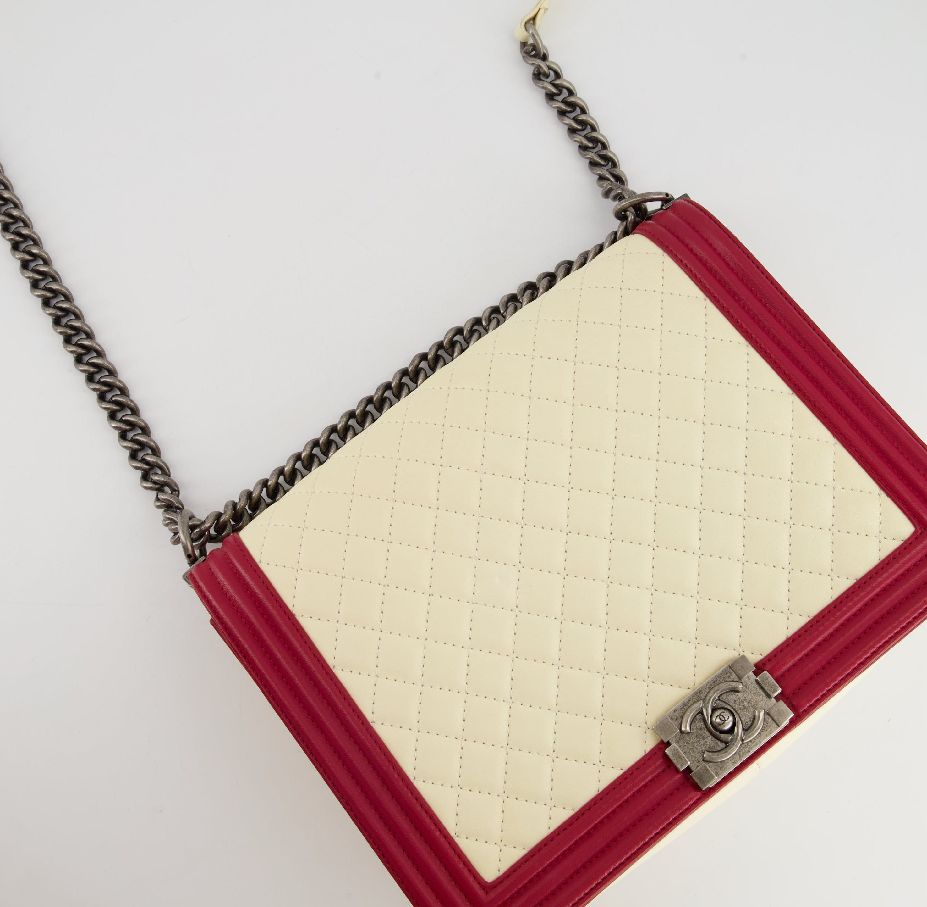 Chanel Cream and Red Large Boy Bag in Lambskin Leather with Ruthenium Hardware