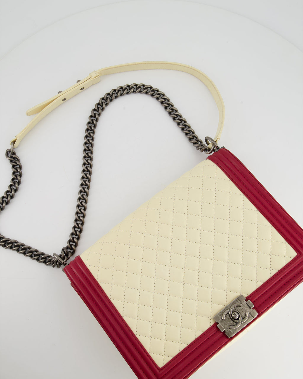 Chanel Cream and Red Large Boy Bag in Lambskin Leather with Ruthenium Hardware