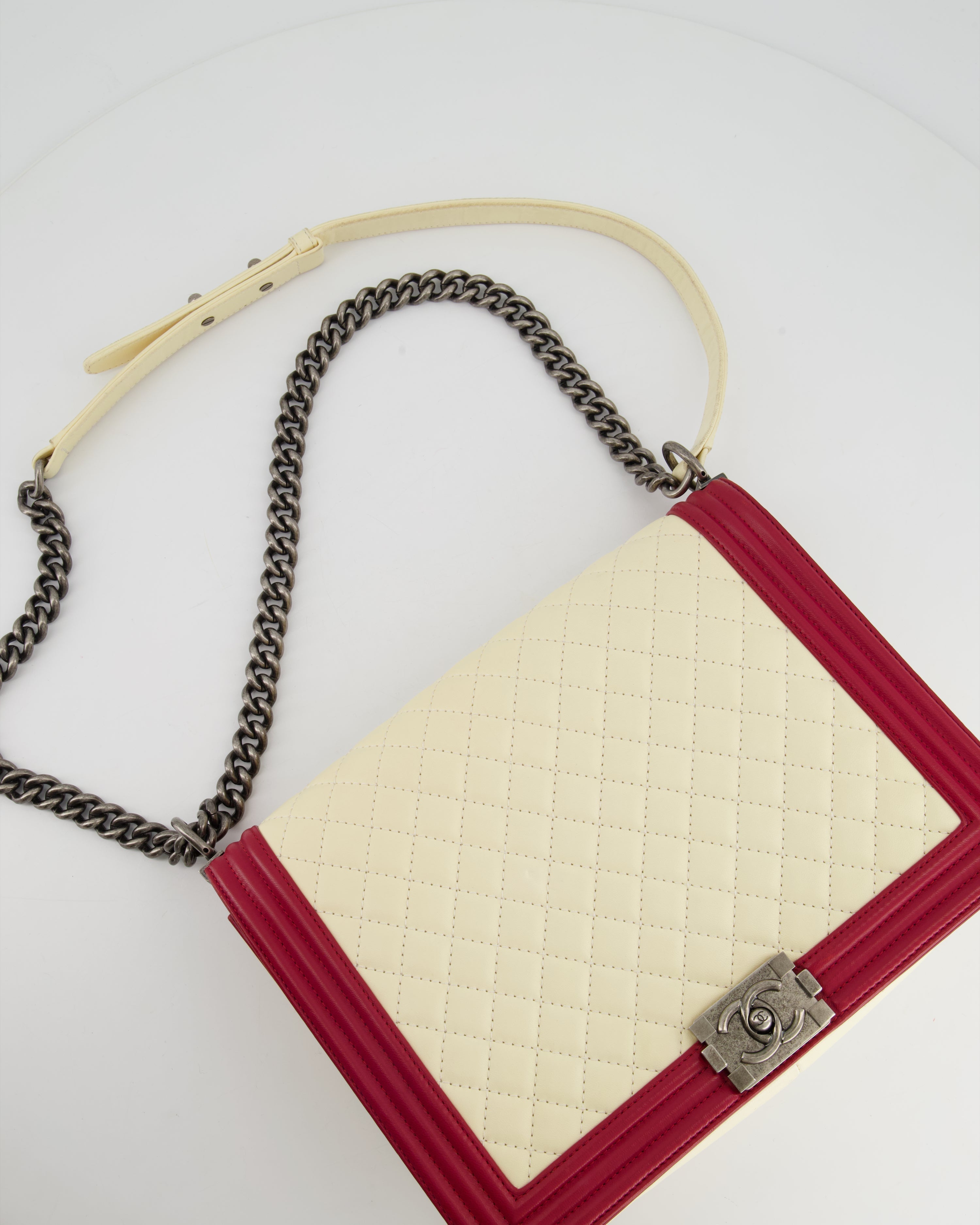 Chanel Cream and Red Large Boy Bag in Lambskin Leather with Ruthenium Hardware