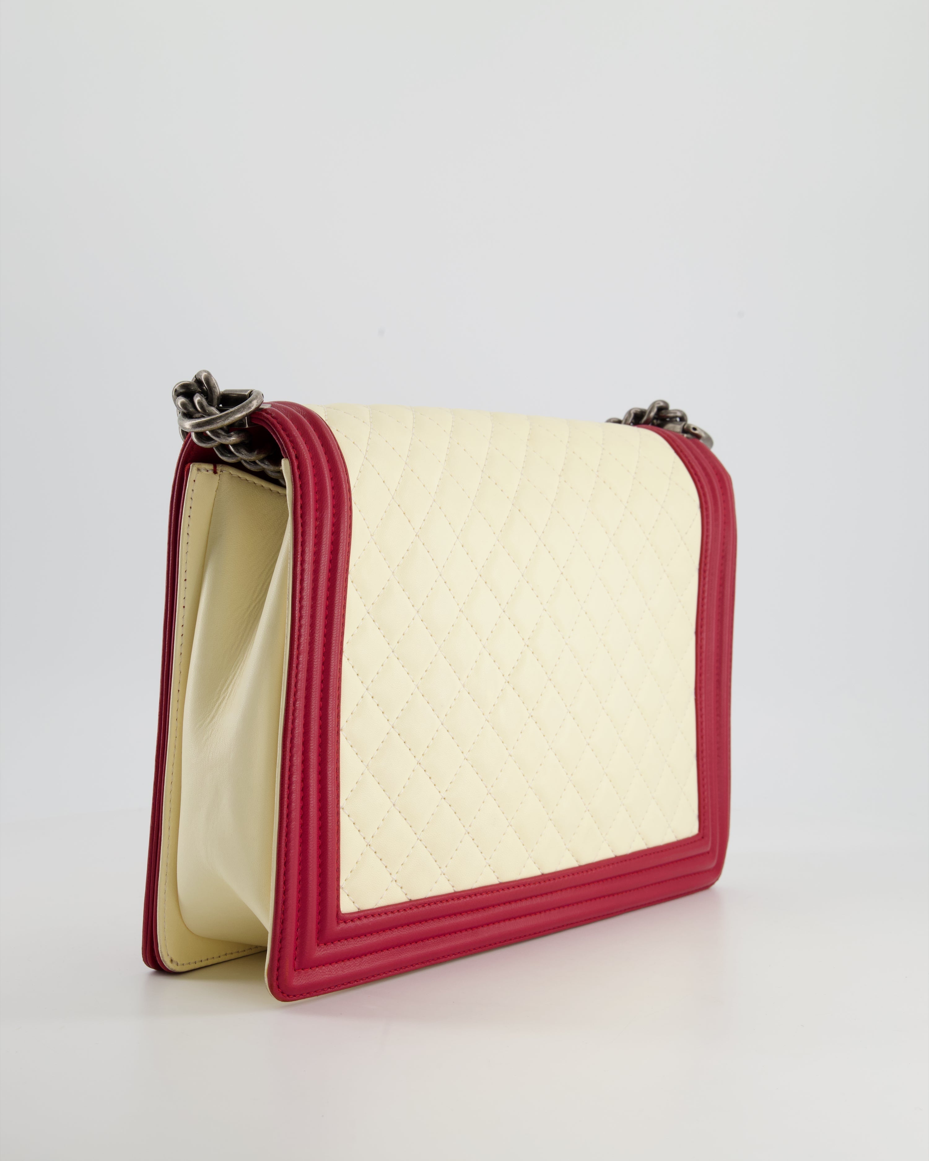 Chanel Cream and Red Large Boy Bag in Lambskin Leather with Ruthenium Hardware