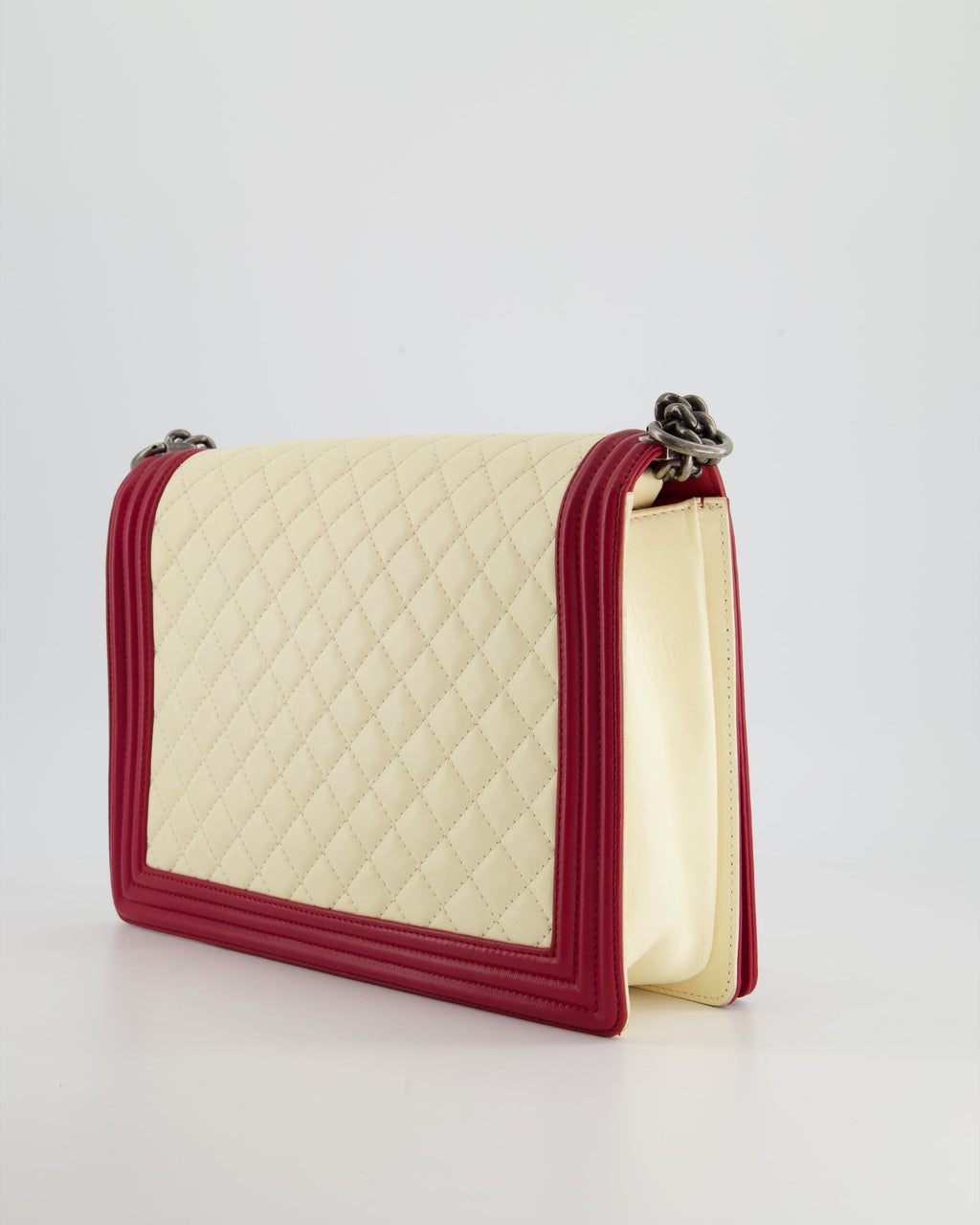 Chanel Cream and Red Large Boy Bag in Lambskin Leather with Ruthenium Hardware