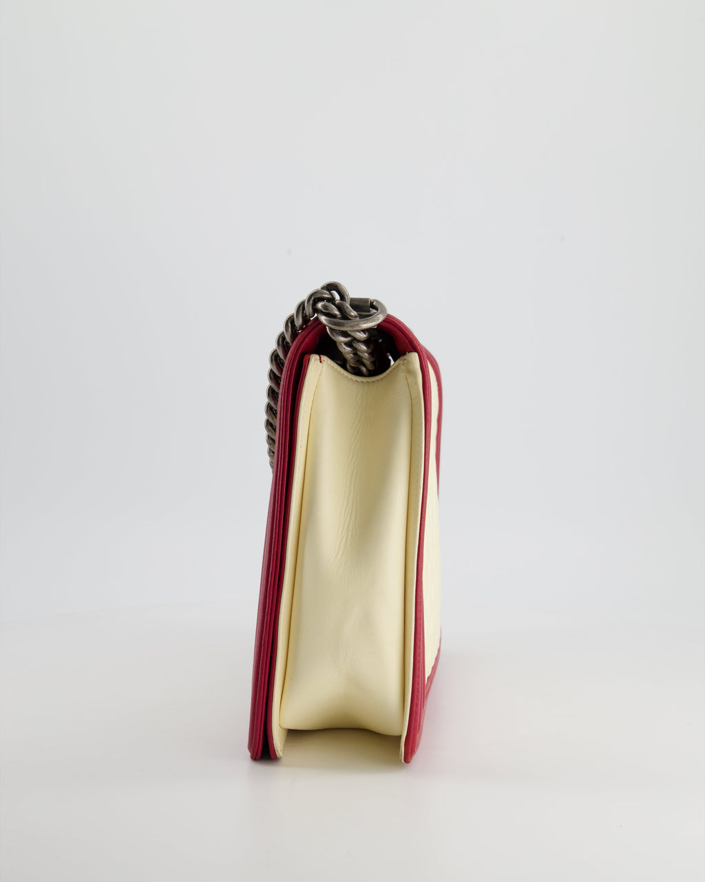 Chanel Cream and Red Large Boy Bag in Lambskin Leather with Ruthenium Hardware