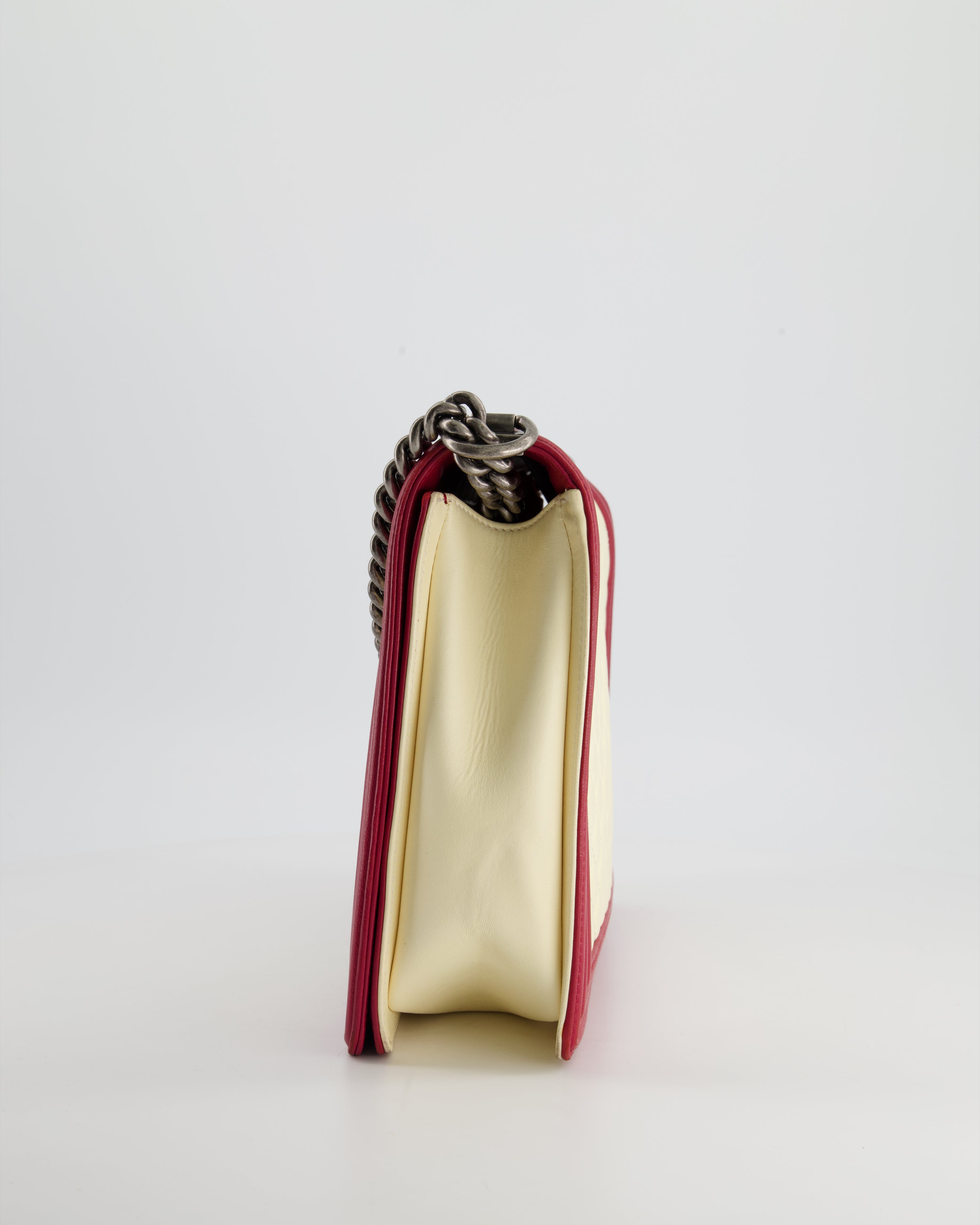 Chanel Cream and Red Large Boy Bag in Lambskin Leather with Ruthenium Hardware