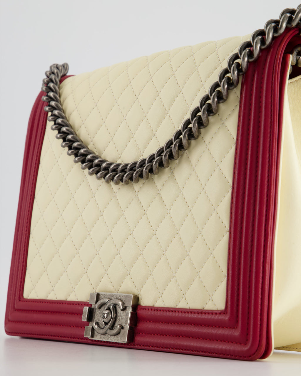 Chanel Cream and Red Large Boy Bag in Lambskin Leather with Ruthenium Hardware