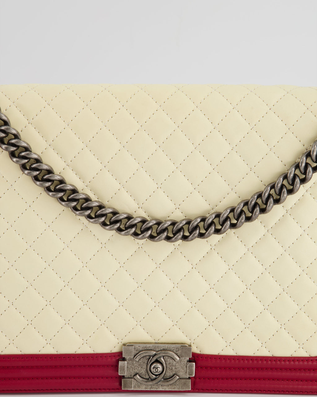 Chanel Cream and Red Large Boy Bag in Lambskin Leather with Ruthenium Hardware