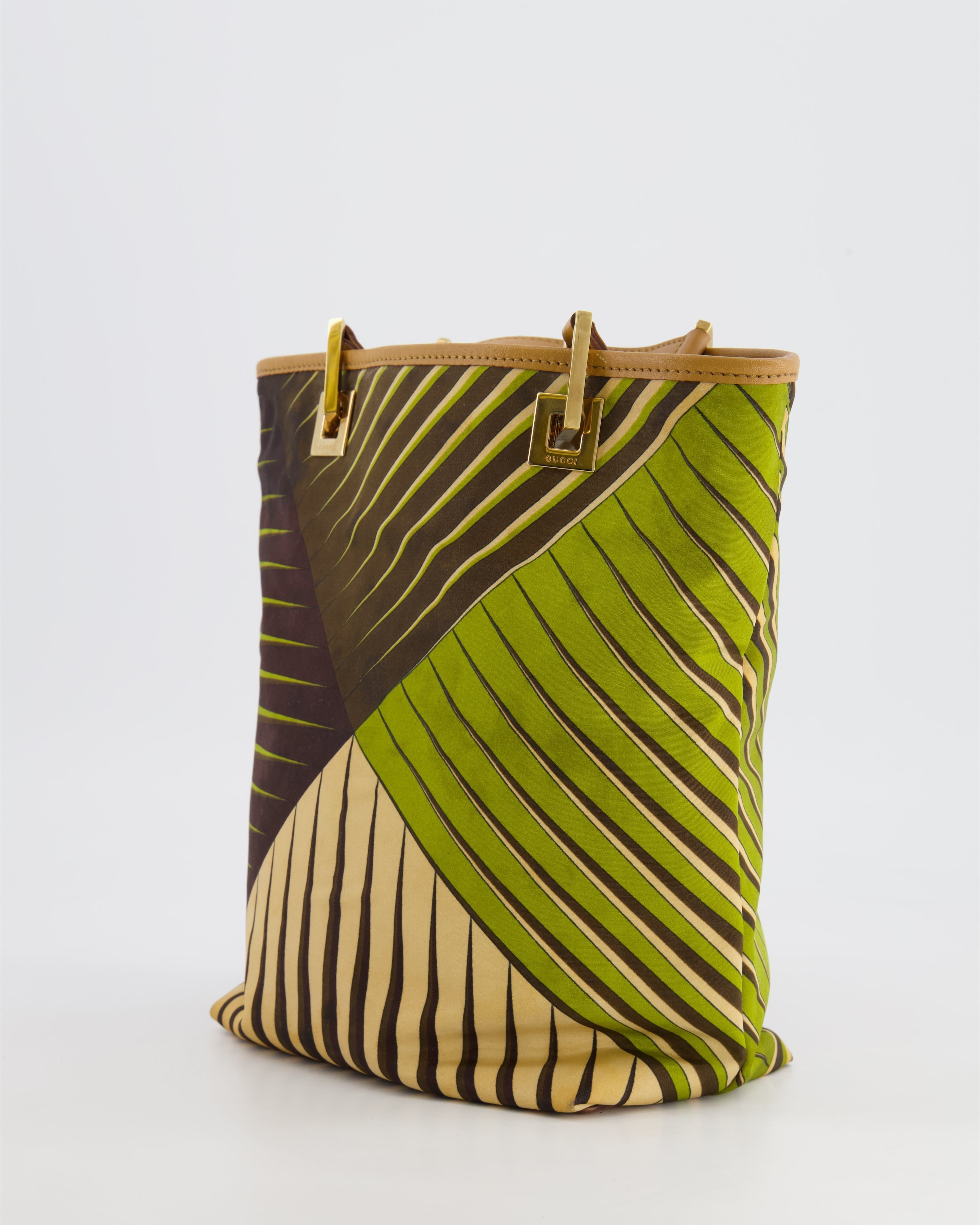 Gucci Vintage Green and Brown Printed Mini Tote Bag with Gold Hardware