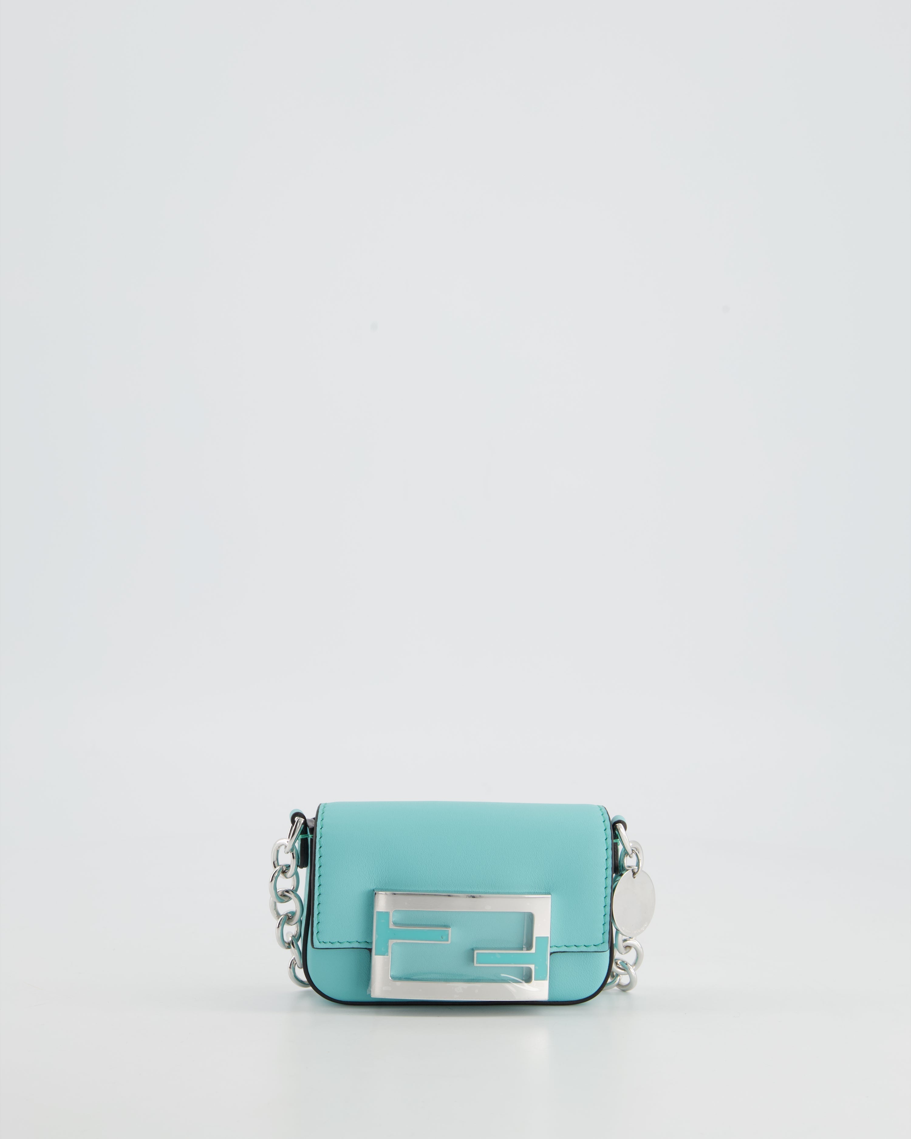 Fendi x Tiffany&Co Tiffany Blue Leather Nano Baguette Bag with Sterling Silver Hardware and Tiffany Tag