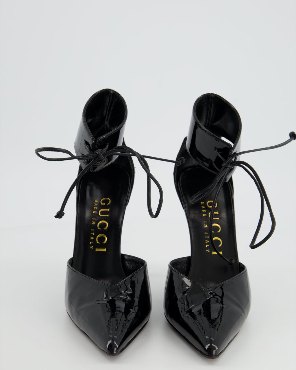Gucci Black Patent Leather Heels With Gold Heels & Ankle Strap Detailing Size EU 39