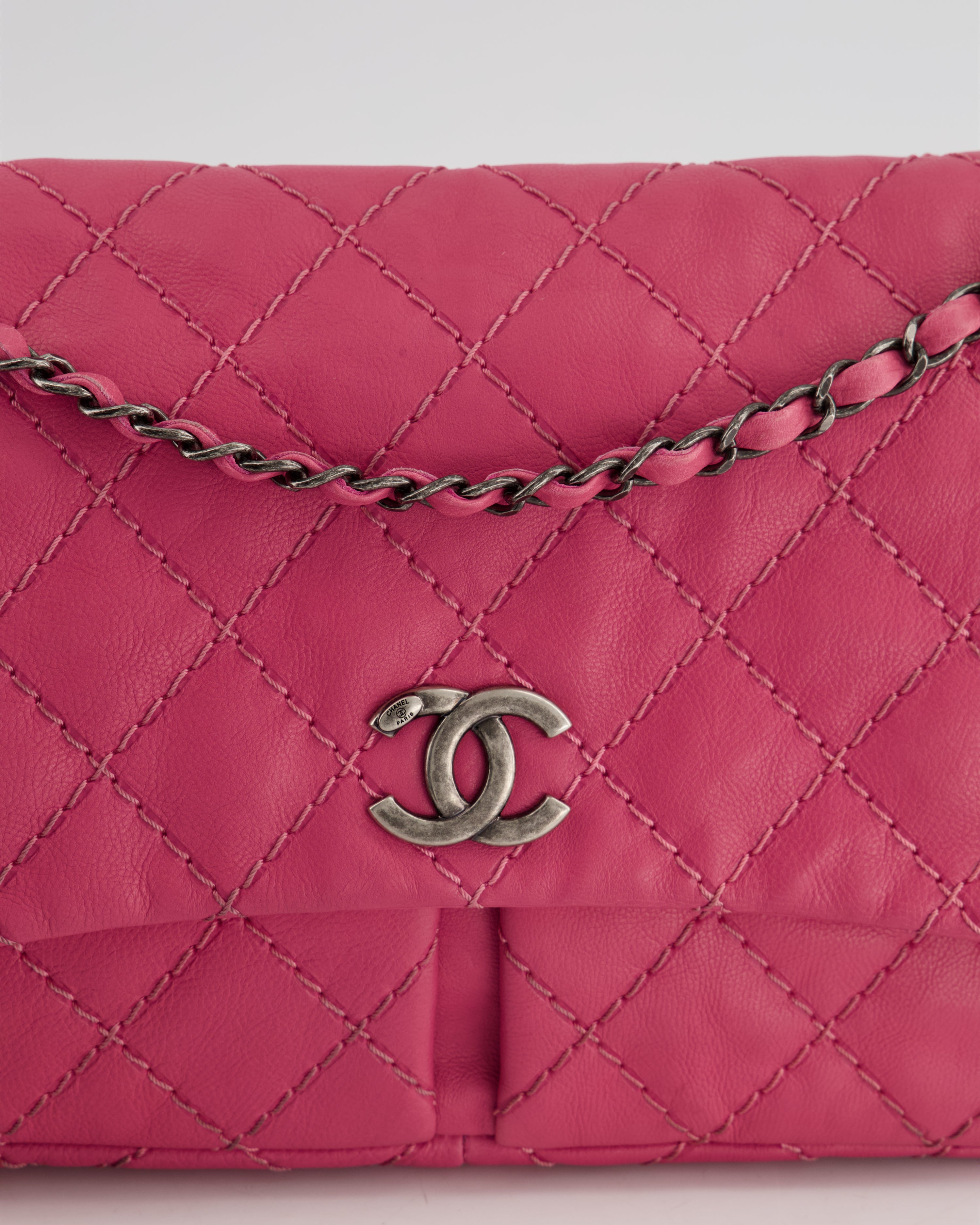 Chanel Pink Split Pocket Flap Bag with Stitched Detailing