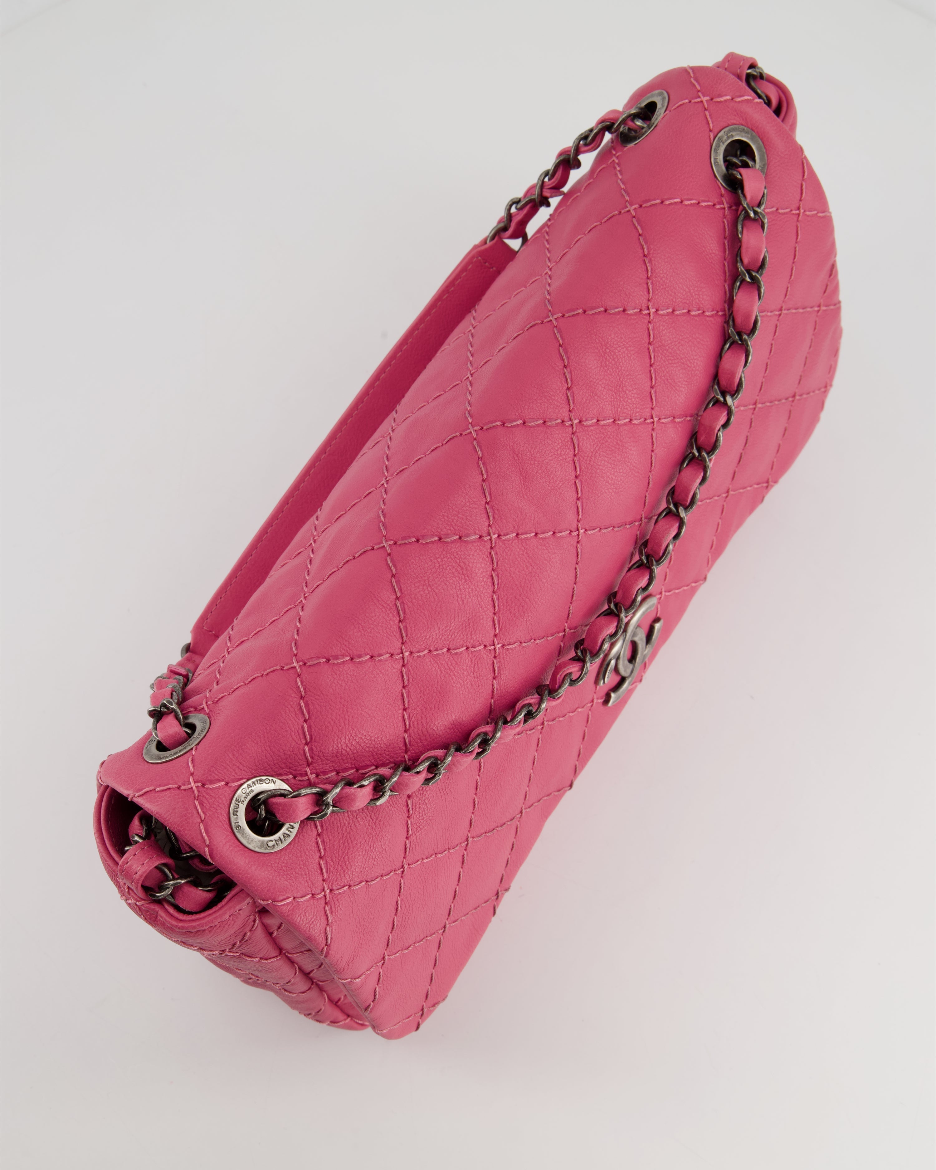 Chanel Pink Split Pocket Flap Bag with Stitched Detailing