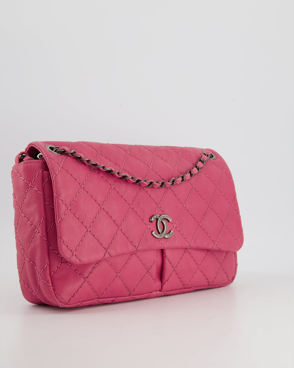 Chanel Pink Split Pocket Flap Bag with Stitched Detailing