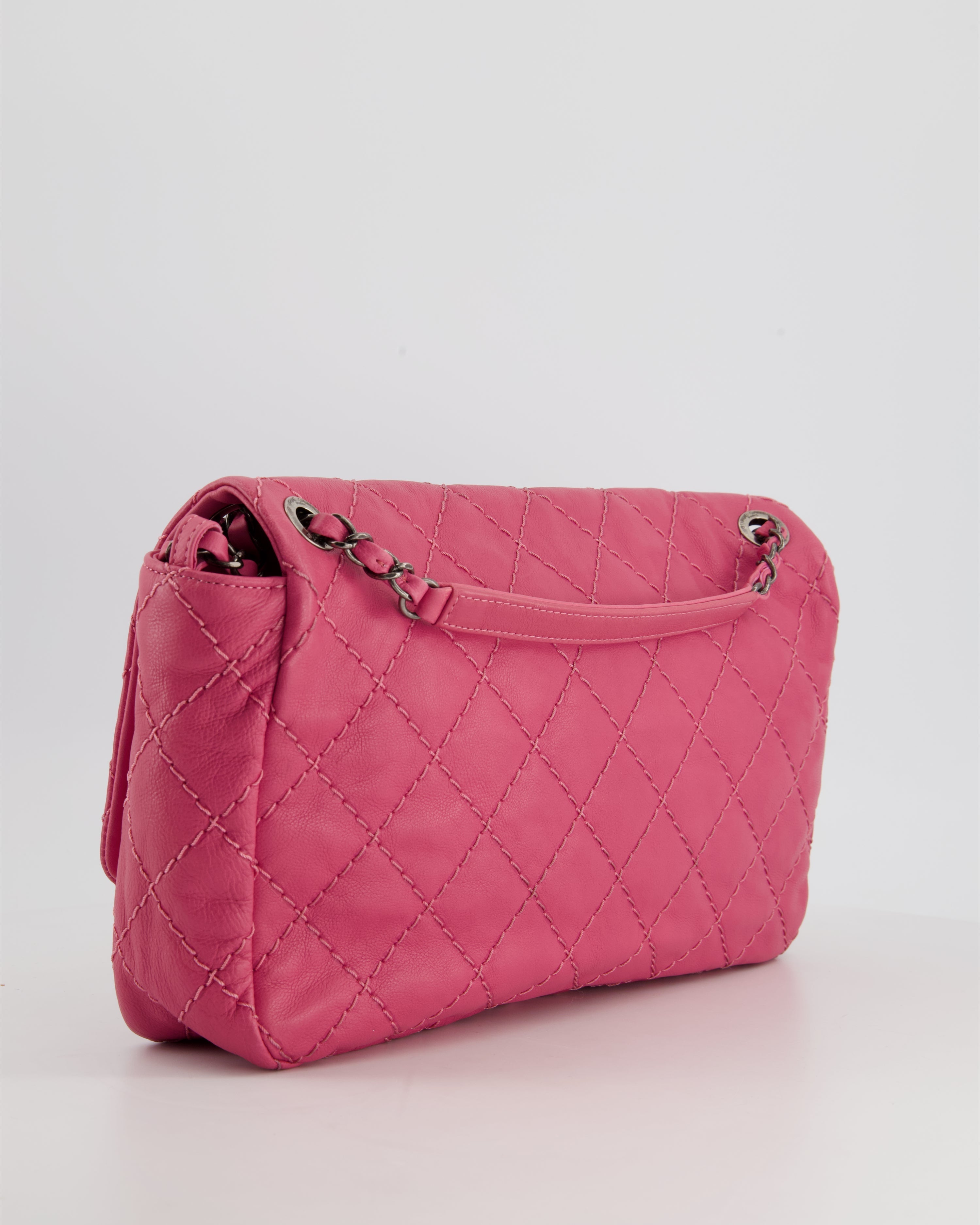 Chanel Pink Split Pocket Flap Bag with Stitched Detailing