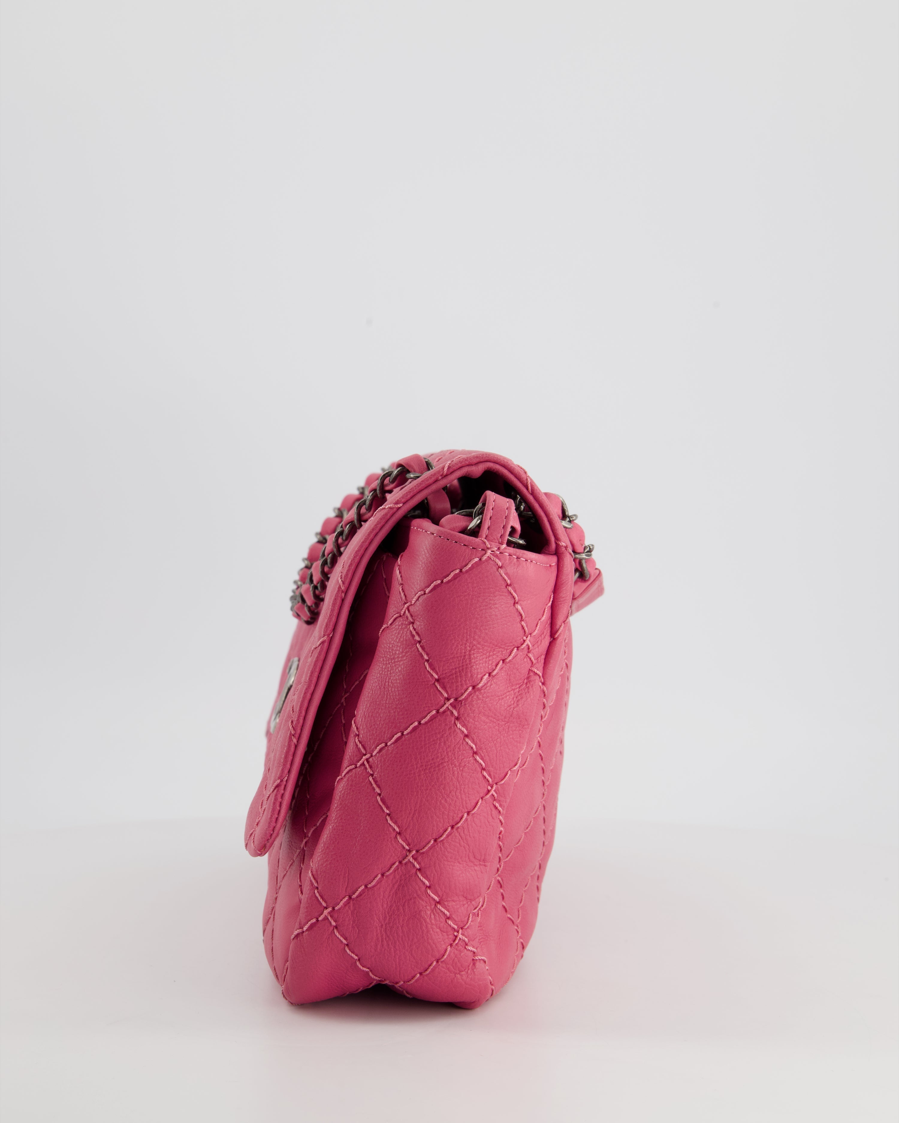 Chanel Pink Split Pocket Flap Bag with Stitched Detailing