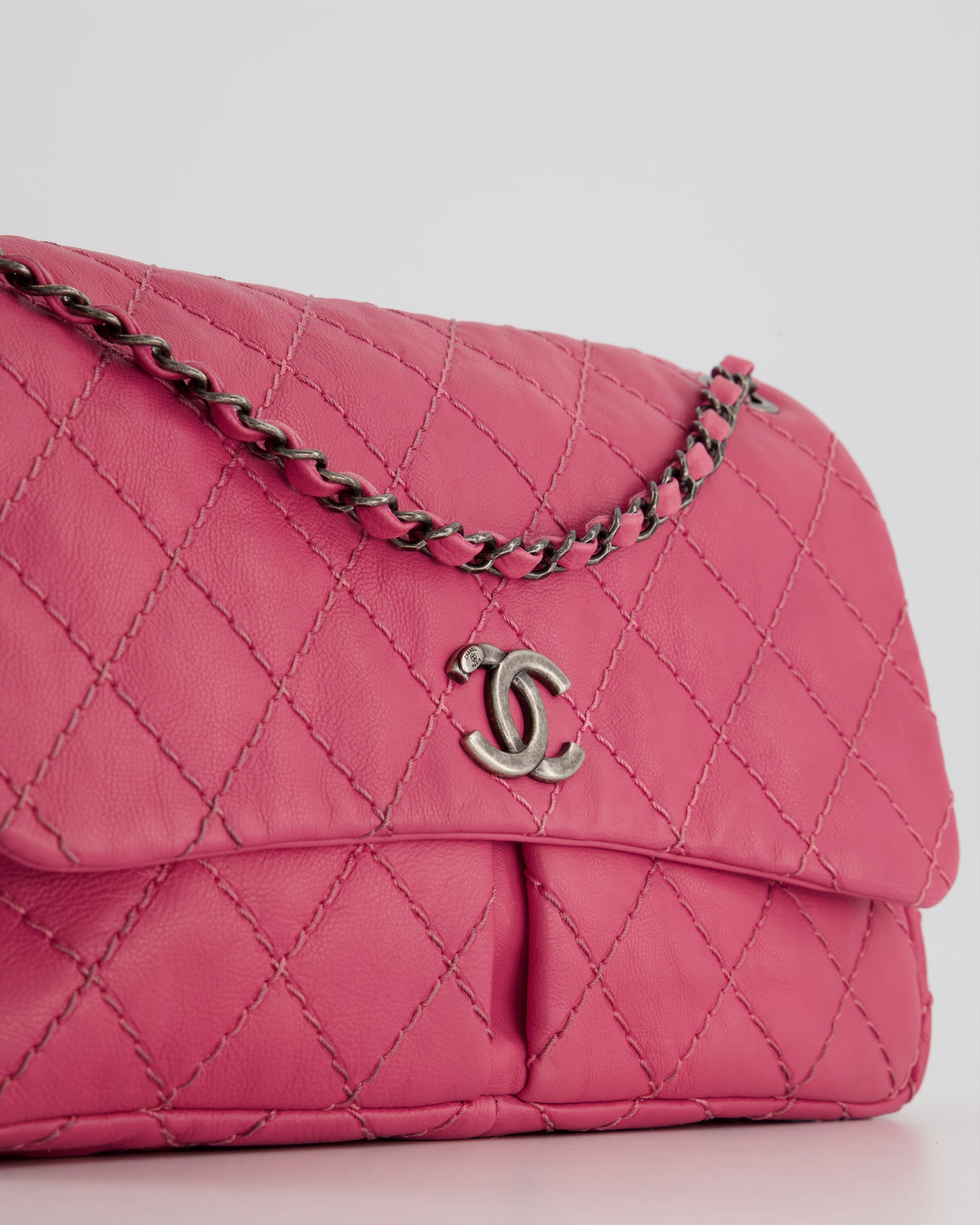 Chanel Pink Split Pocket Flap Bag with Stitched Detailing