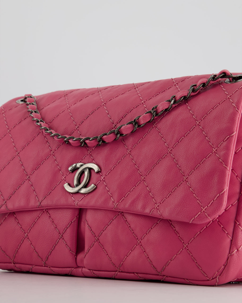 Chanel Pink Split Pocket Flap Bag with Stitched Detailing