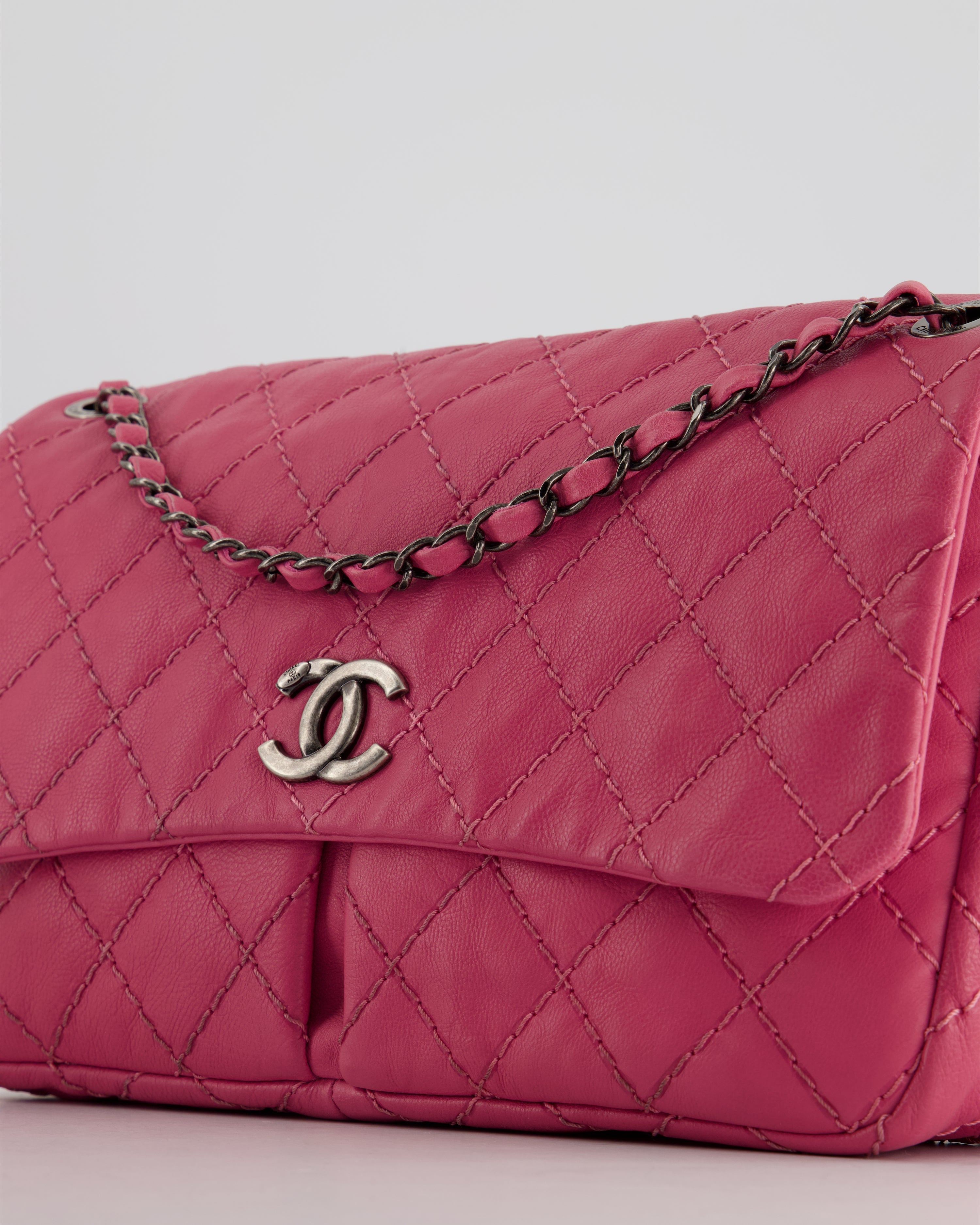Chanel Pink Split Pocket Flap Bag with Stitched Detailing