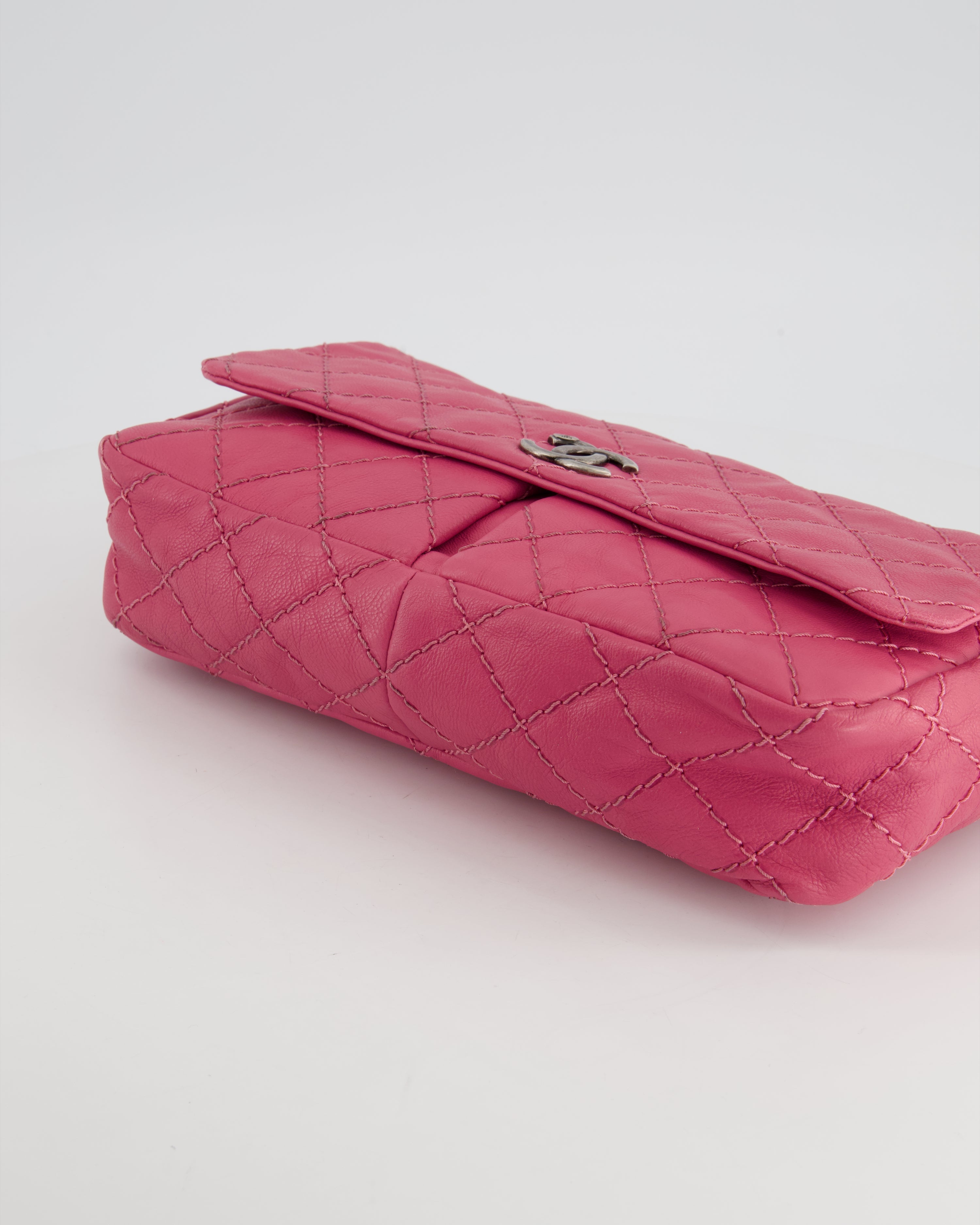 Chanel Pink Split Pocket Flap Bag with Stitched Detailing