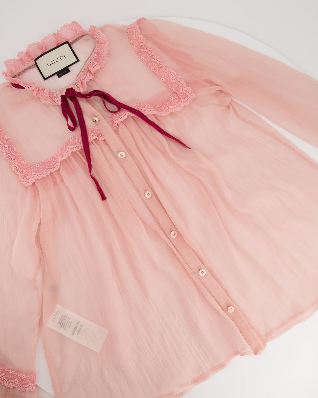 Gucci Pink Silk Pearl Button Down Shirt with Crochet Trim Detailing IT 36 (UK 4)