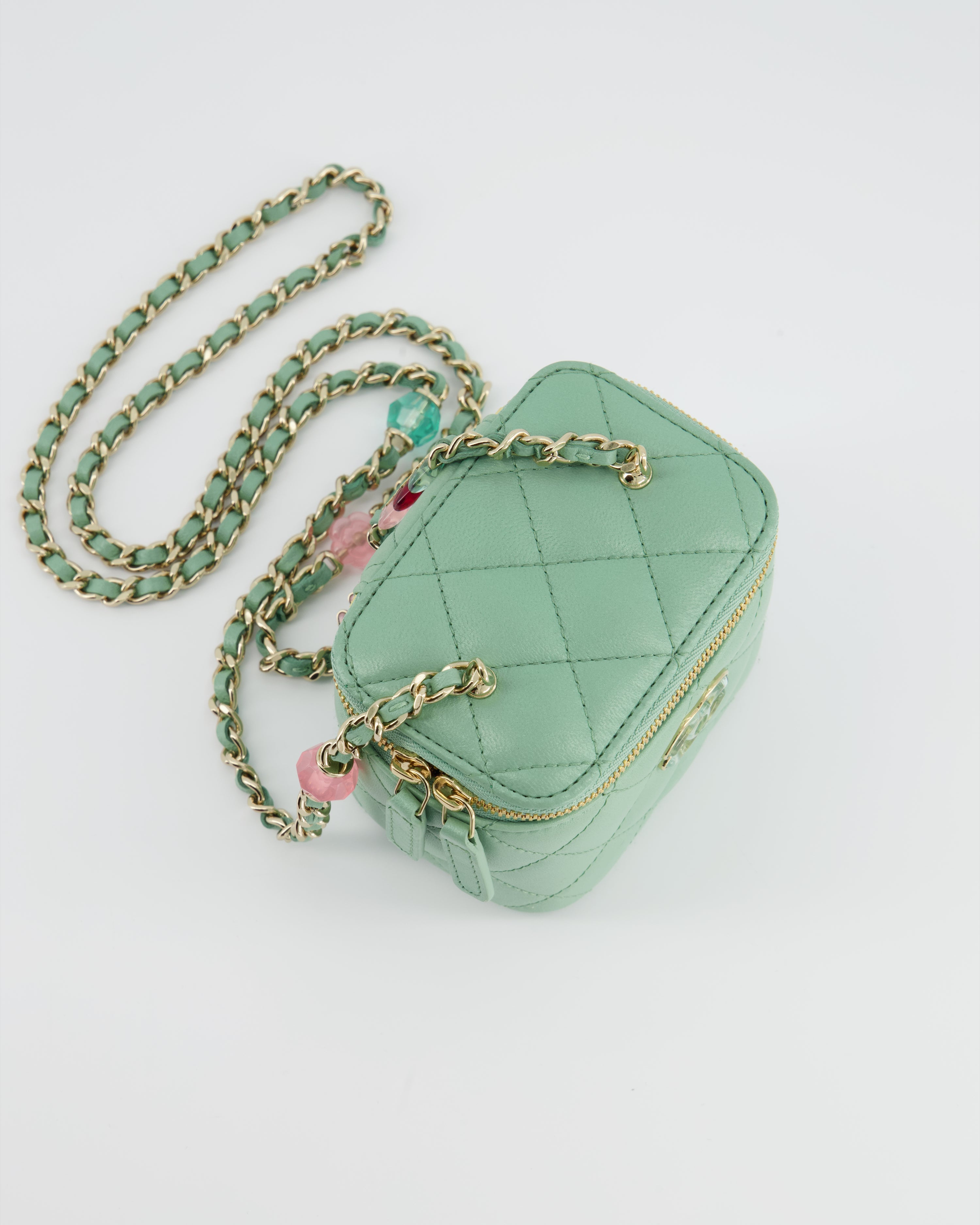 Chanel Pistachio Green Coco Crush Mini Vanity Bag in Lambskin Leather with Champagne Gold & Green Enamel Hardware