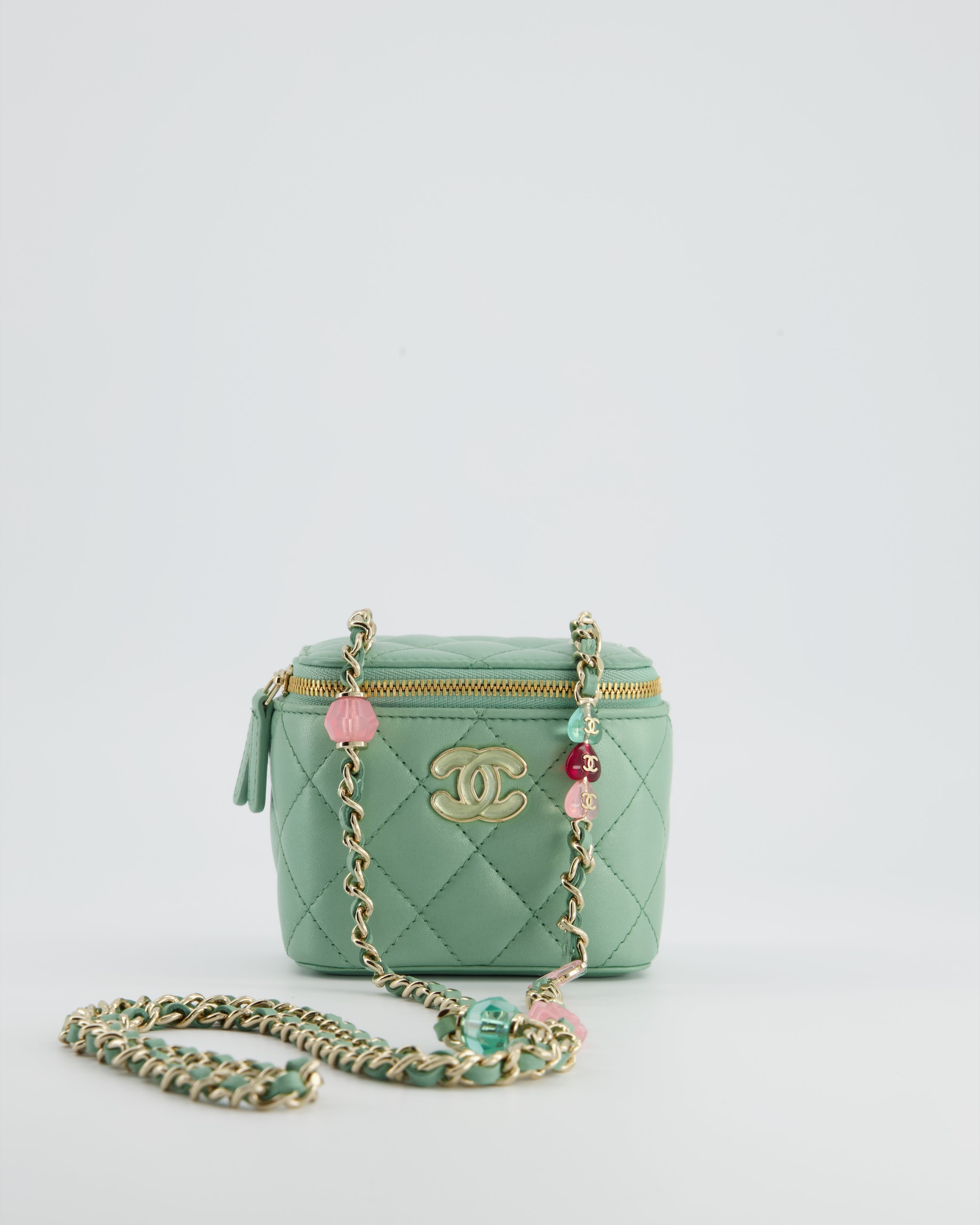 Chanel Pistachio Green Coco Crush Mini Vanity Bag in Lambskin Leather with Champagne Gold & Green Enamel Hardware