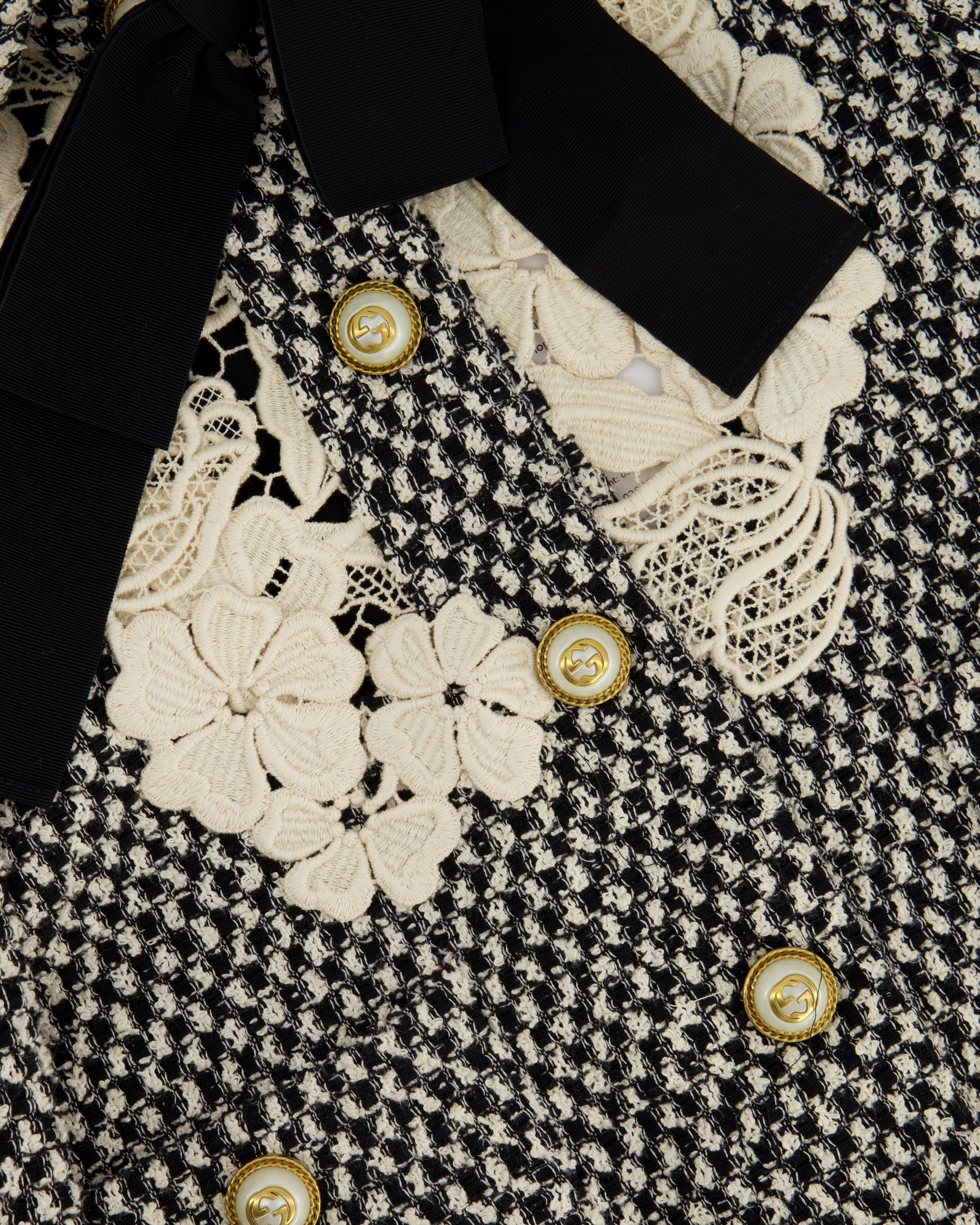 Gucci Black and White Tweed Jacket with Lace Detail and GG Buttons Size IT 36 (UK 4)