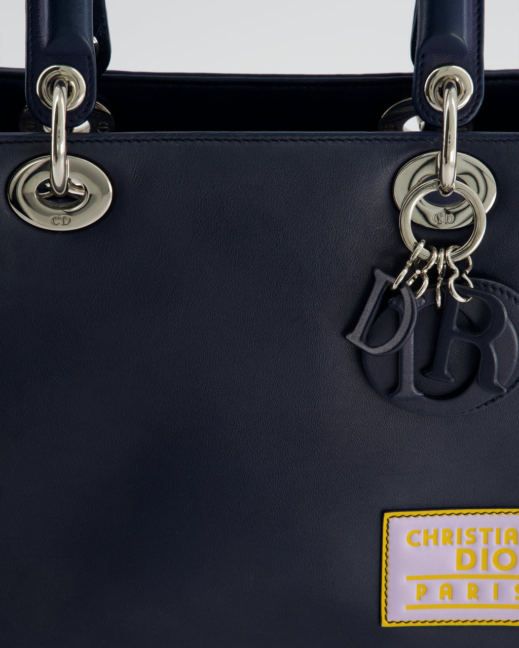 Christian Dior Navy Blue Medium Lady Dior Bag Calfskin Leather with Purple and Yellow Abstract Print and Silver Hardware