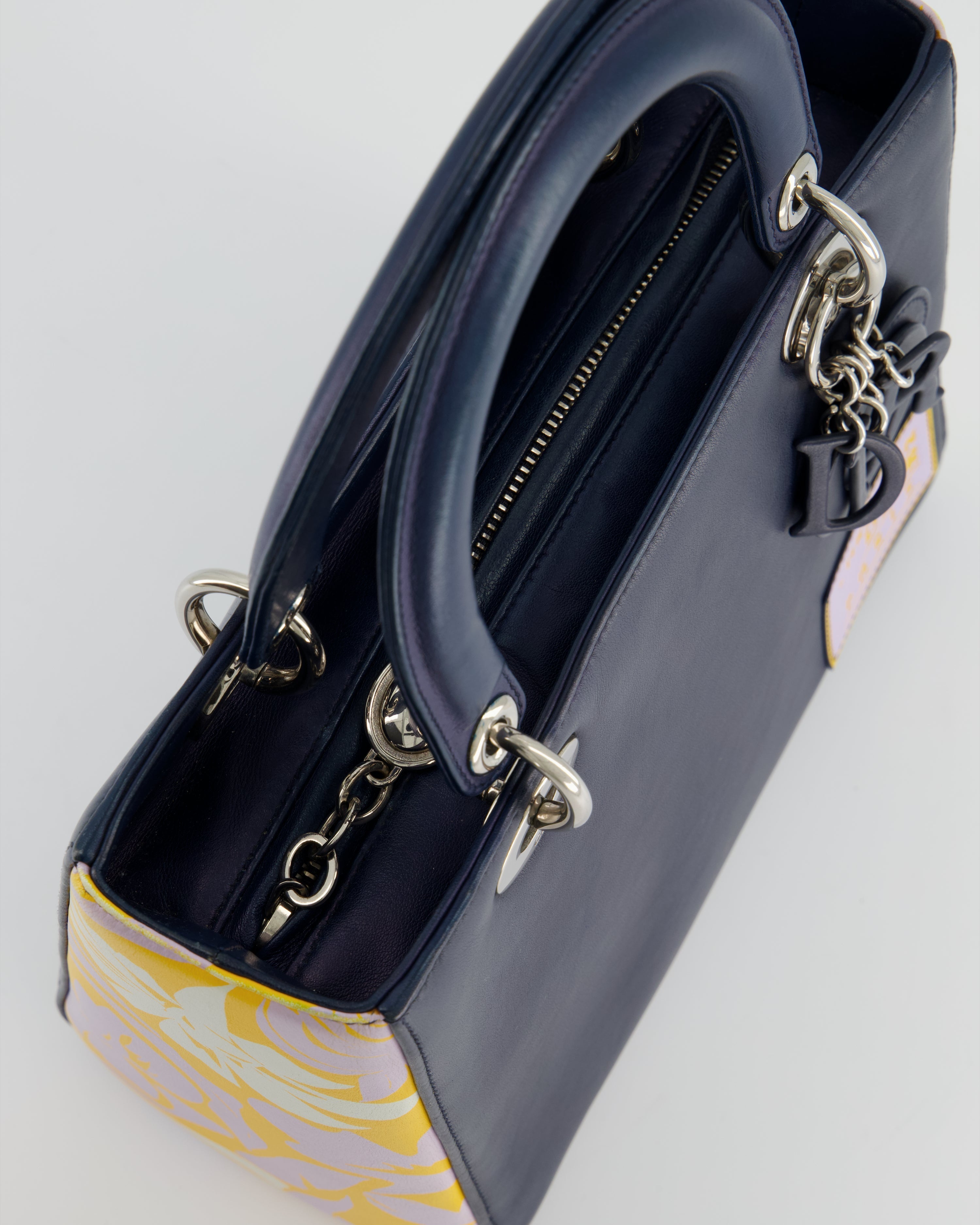 Christian Dior Navy Blue Medium Lady Dior Bag Calfskin Leather with Purple and Yellow Abstract Print and Silver Hardware