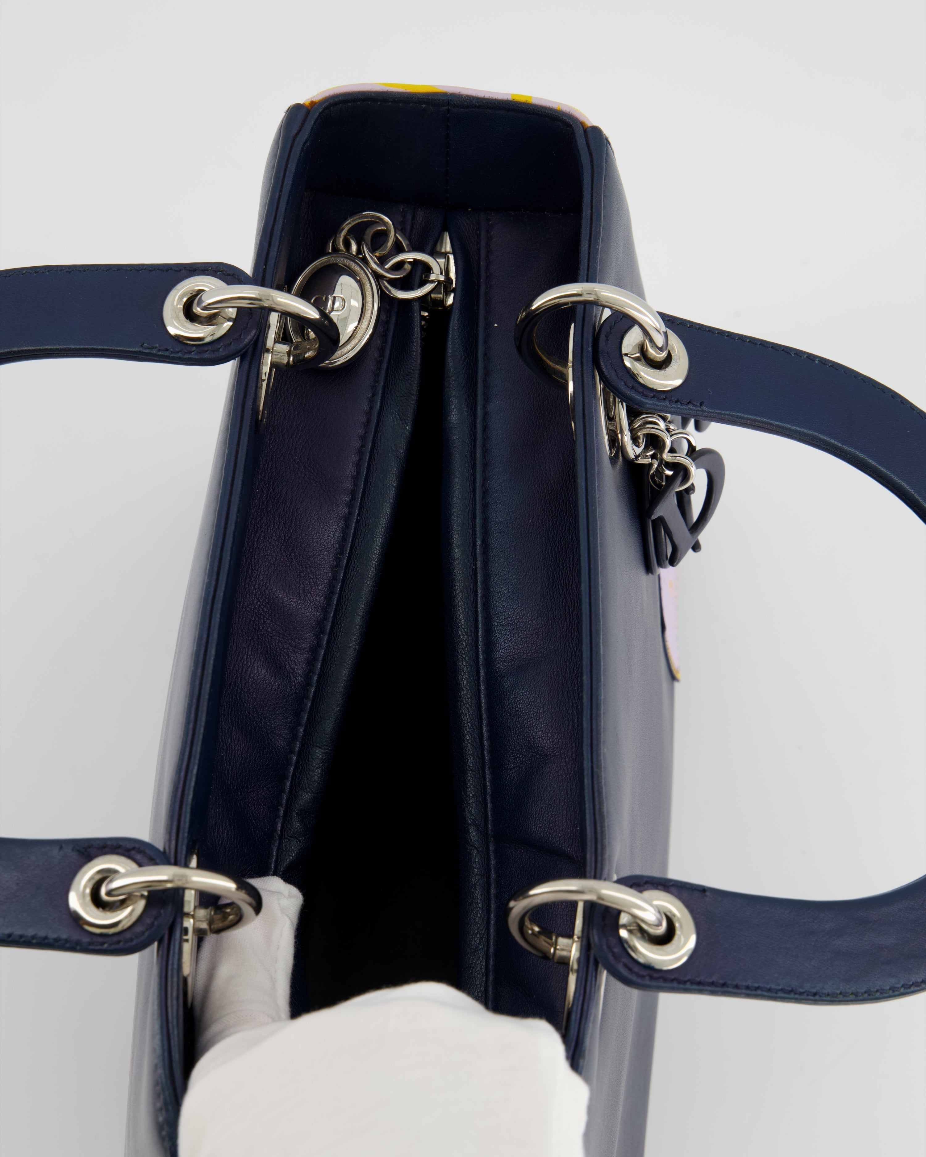 Christian Dior Navy Blue Medium Lady Dior Bag Calfskin Leather with Purple and Yellow Abstract Print and Silver Hardware