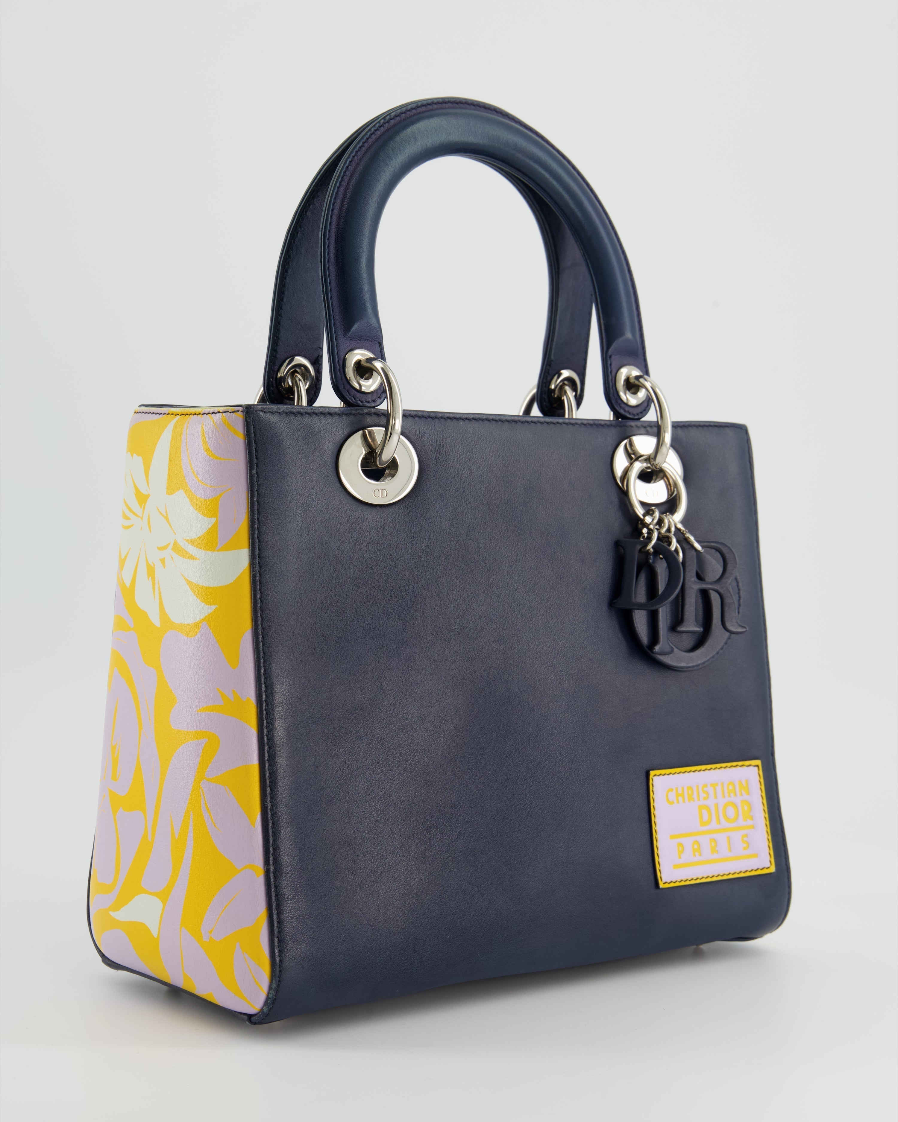 Christian Dior Navy Blue Medium Lady Dior Bag Calfskin Leather with Purple and Yellow Abstract Print and Silver Hardware