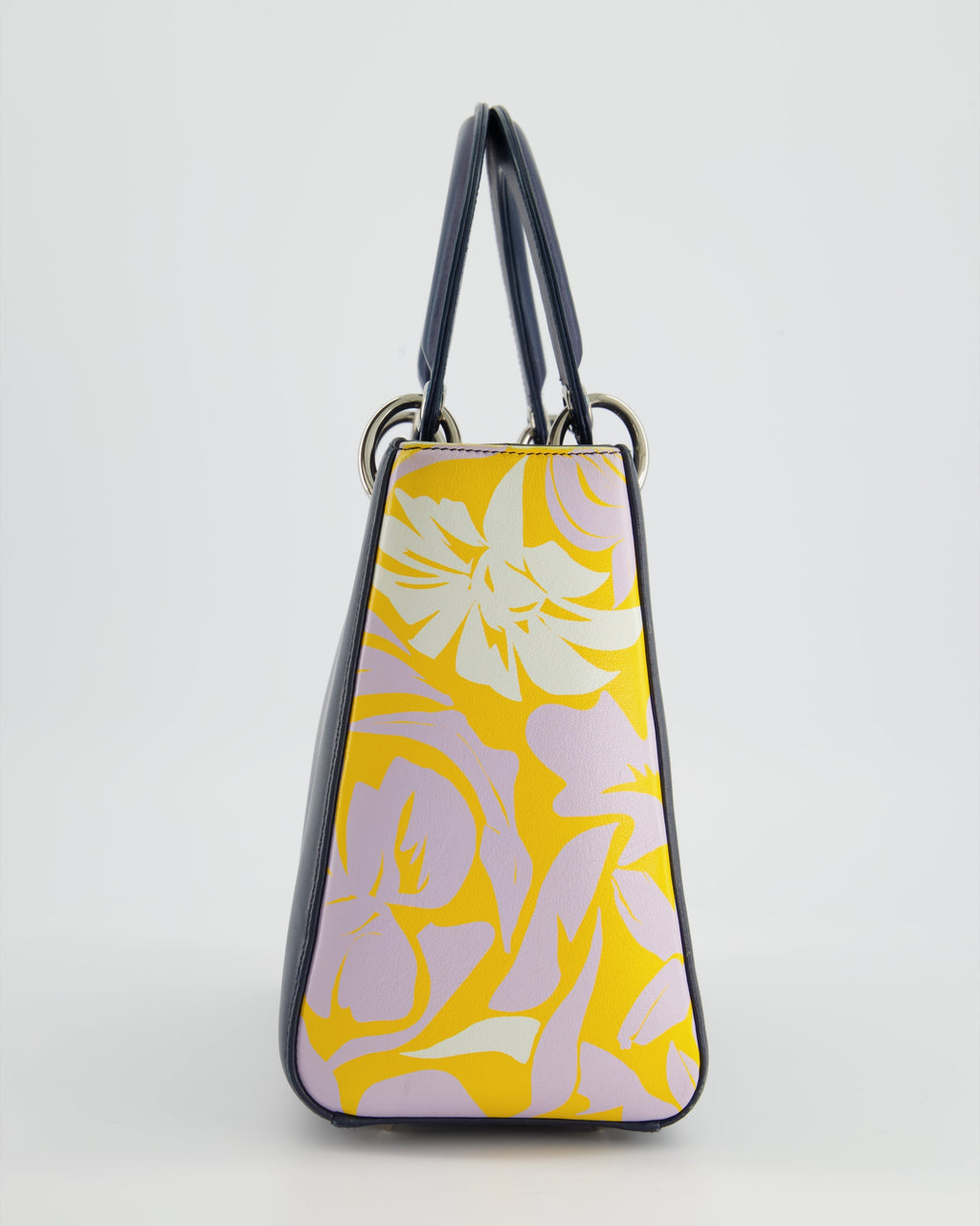 Christian Dior Navy Blue Medium Lady Dior Bag Calfskin Leather with Purple and Yellow Abstract Print and Silver Hardware