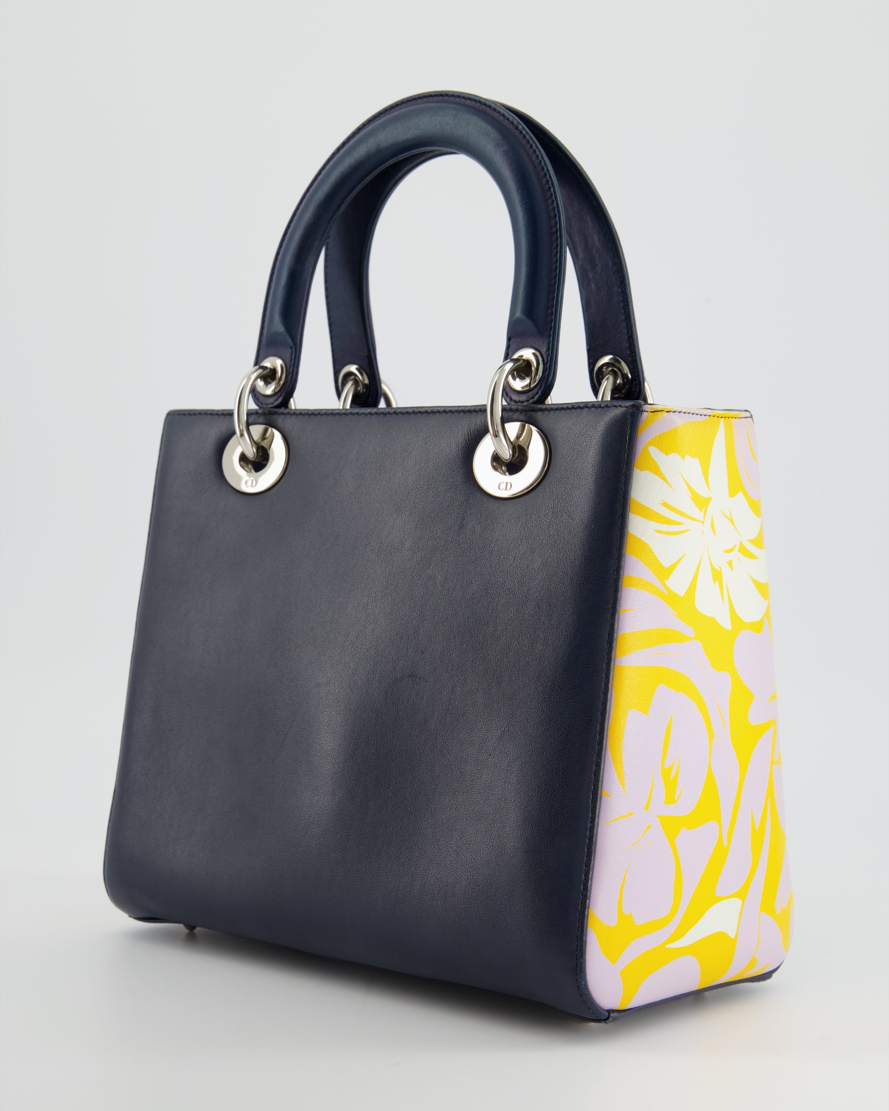 Christian Dior Navy Blue Medium Lady Dior Bag Calfskin Leather with Purple and Yellow Abstract Print and Silver Hardware
