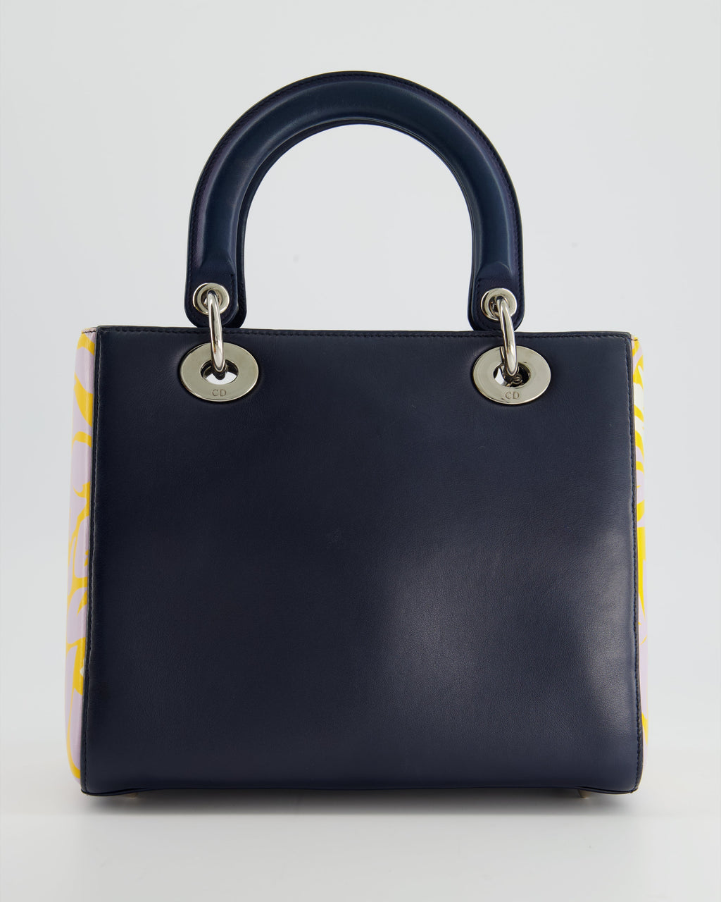 Christian Dior Navy Blue Medium Lady Dior Bag Calfskin Leather with Purple and Yellow Abstract Print and Silver Hardware
