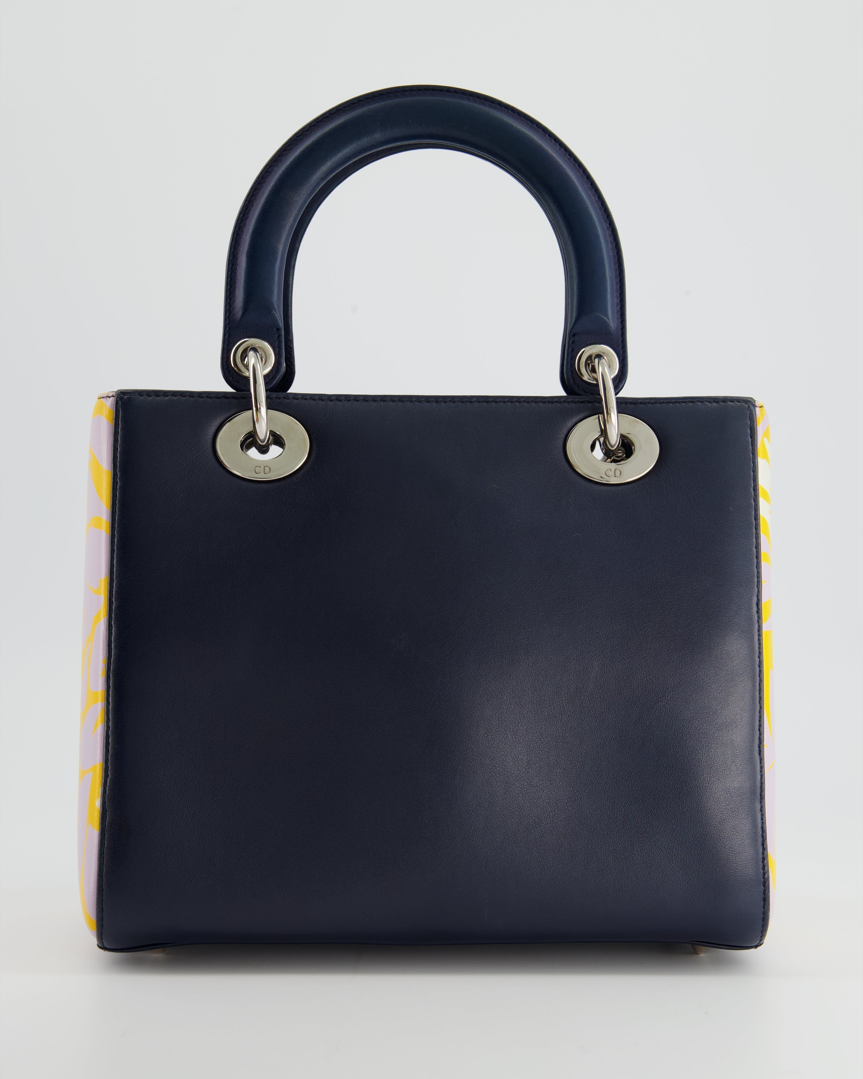 Christian Dior Navy Blue Medium Lady Dior Bag Calfskin Leather with Purple and Yellow Abstract Print and Silver Hardware
