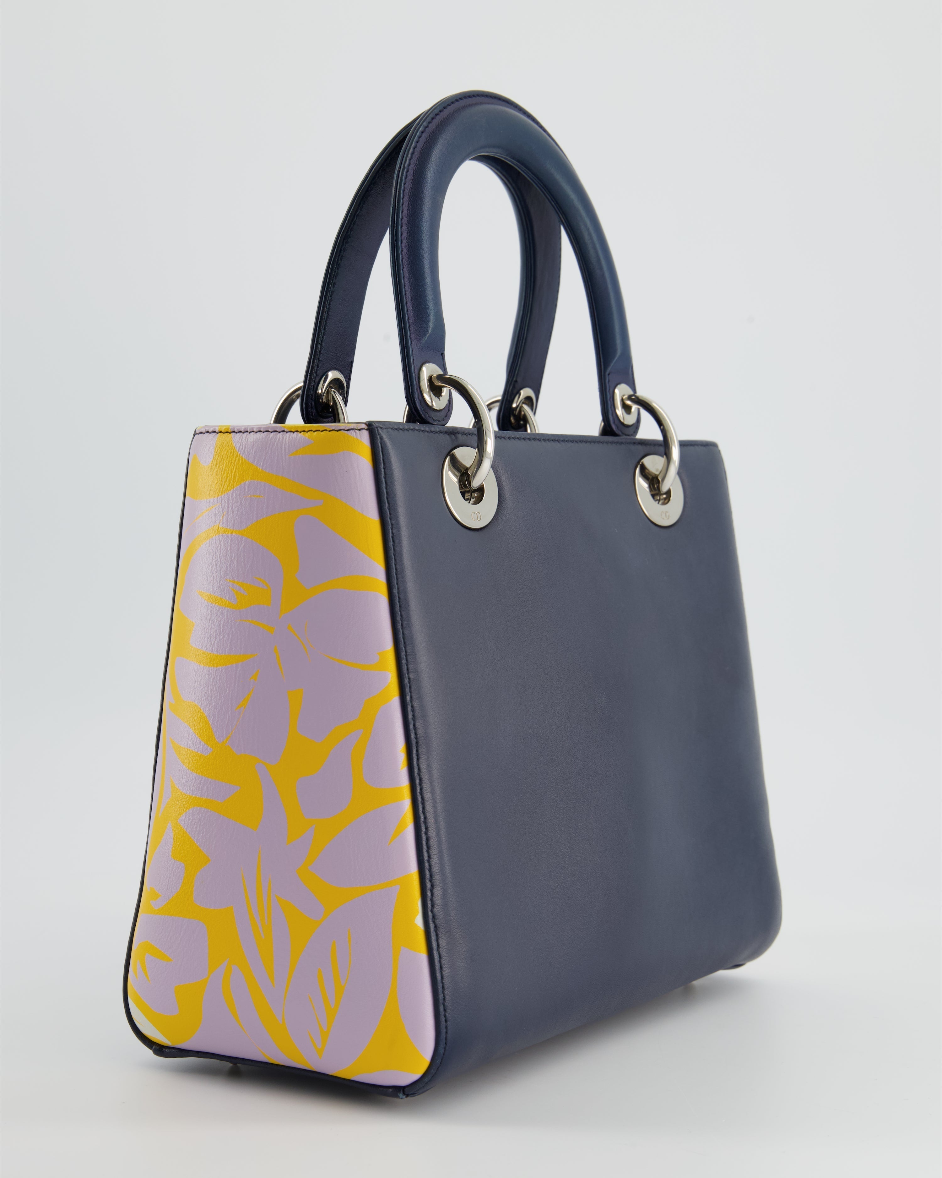 Christian Dior Navy Blue Medium Lady Dior Bag Calfskin Leather with Purple and Yellow Abstract Print and Silver Hardware