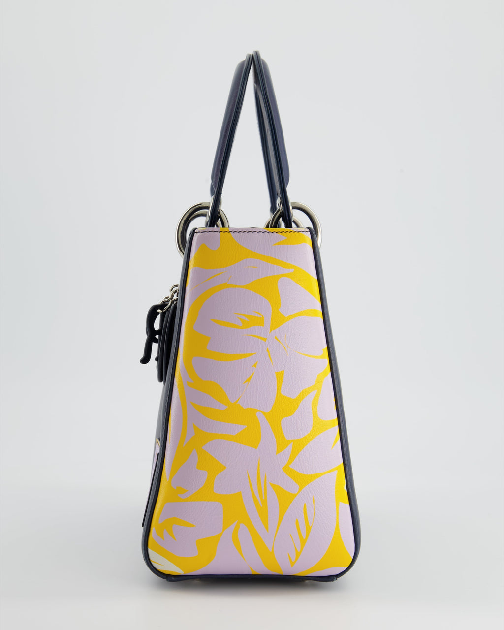 Christian Dior Navy Blue Medium Lady Dior Bag Calfskin Leather with Purple and Yellow Abstract Print and Silver Hardware