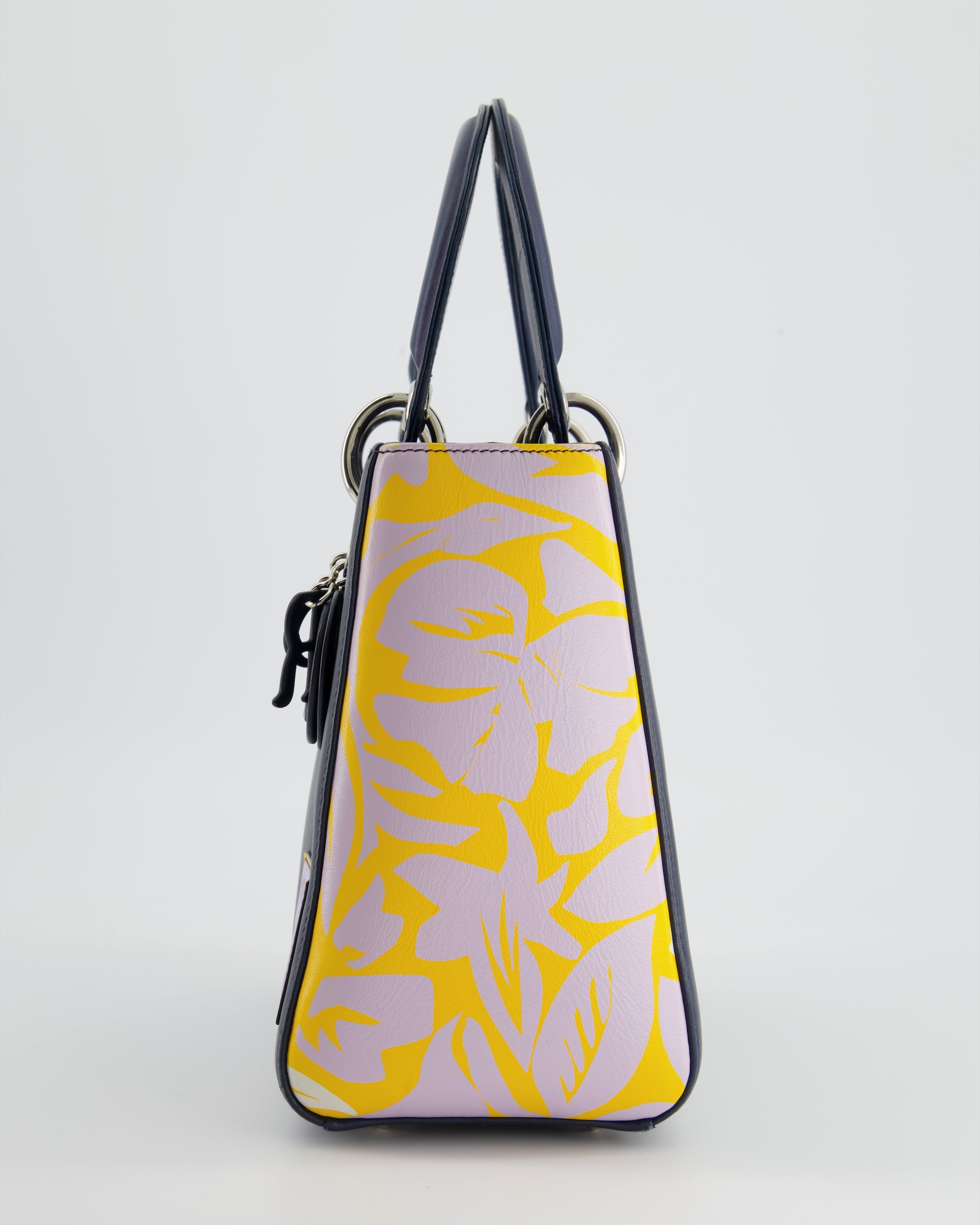 Christian Dior Navy Blue Medium Lady Dior Bag Calfskin Leather with Purple and Yellow Abstract Print and Silver Hardware