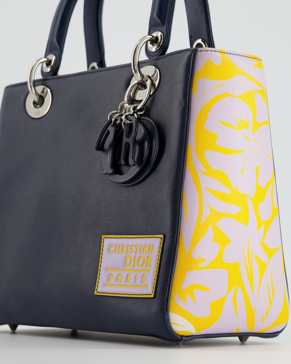 Christian Dior Navy Blue Medium Lady Dior Bag Calfskin Leather with Purple and Yellow Abstract Print and Silver Hardware