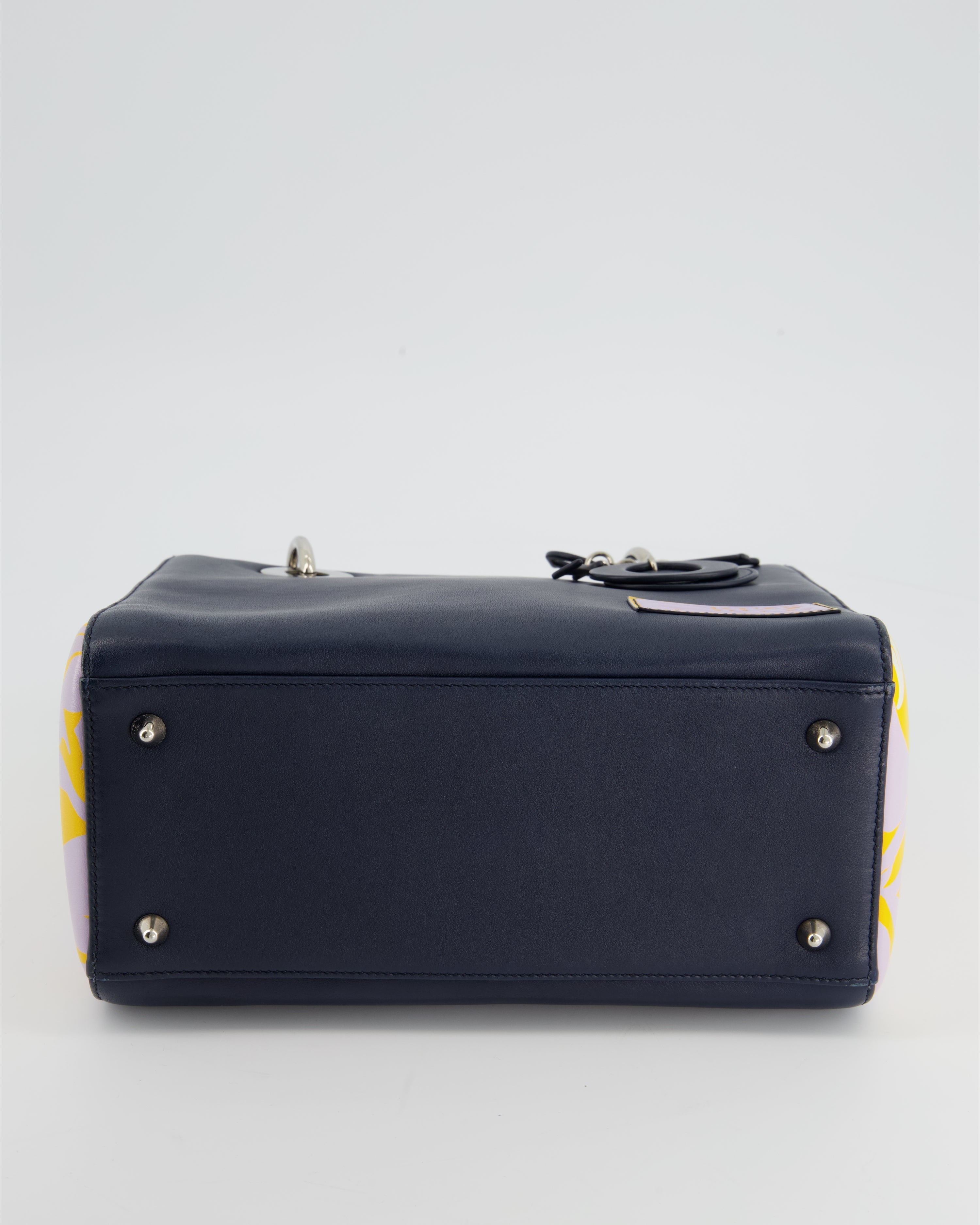 Christian Dior Navy Blue Medium Lady Dior Bag Calfskin Leather with Purple and Yellow Abstract Print and Silver Hardware