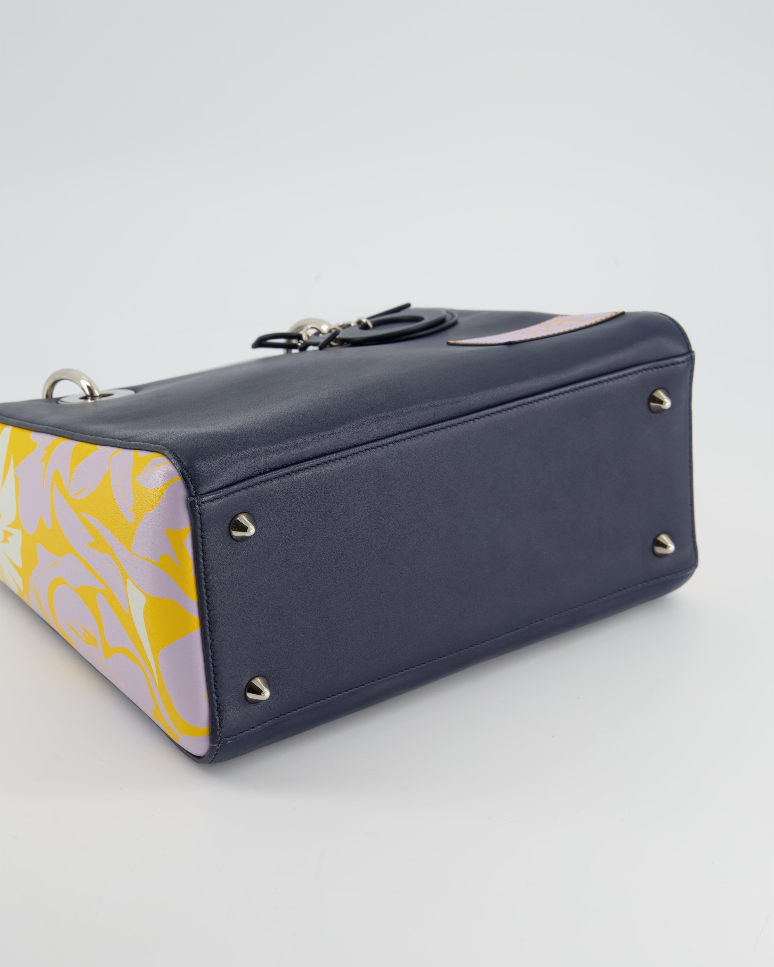Christian Dior Navy Blue Medium Lady Dior Bag Calfskin Leather with Purple and Yellow Abstract Print and Silver Hardware